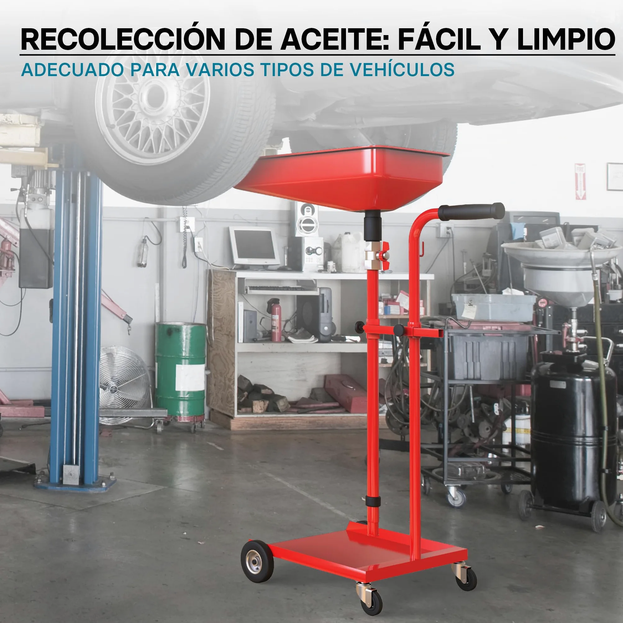 Wiltec Carro recogedor de aceite recolector para aceite usado con embudo ajustable en altura extractor