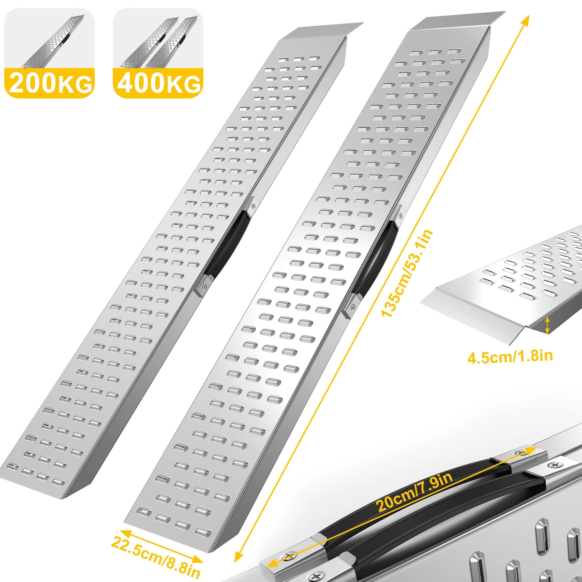 FIVMEN 2 rampas de carga para coches, 135 cm, 400 kg, capacidad de carga de aleación de aluminio, rampa para silla de ruedas, rampa de carga con superficie antideslizante y asa, rampa para escaleras