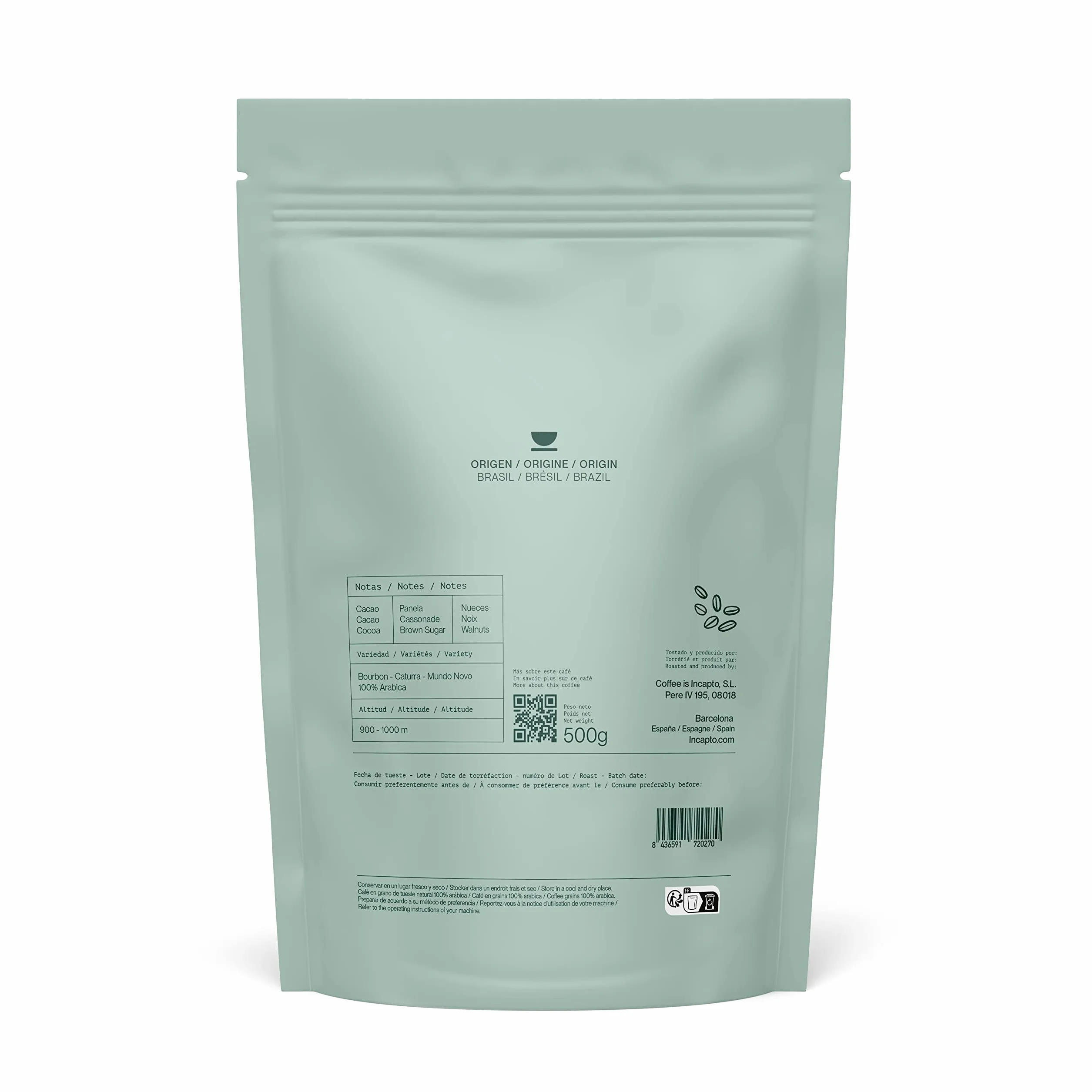 Incapto Café Descafeinado de Especialidad en Grano 500g 100% Arábica Brasil Swiss Water Decaf