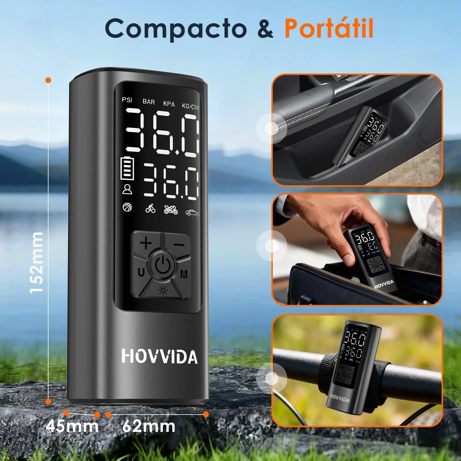 HOVVIDA Compresor Aire Portatil 150 PSI 10,3 Bar 5V Inflador Ruedas Coche Bicicleta Batería Recargable LED