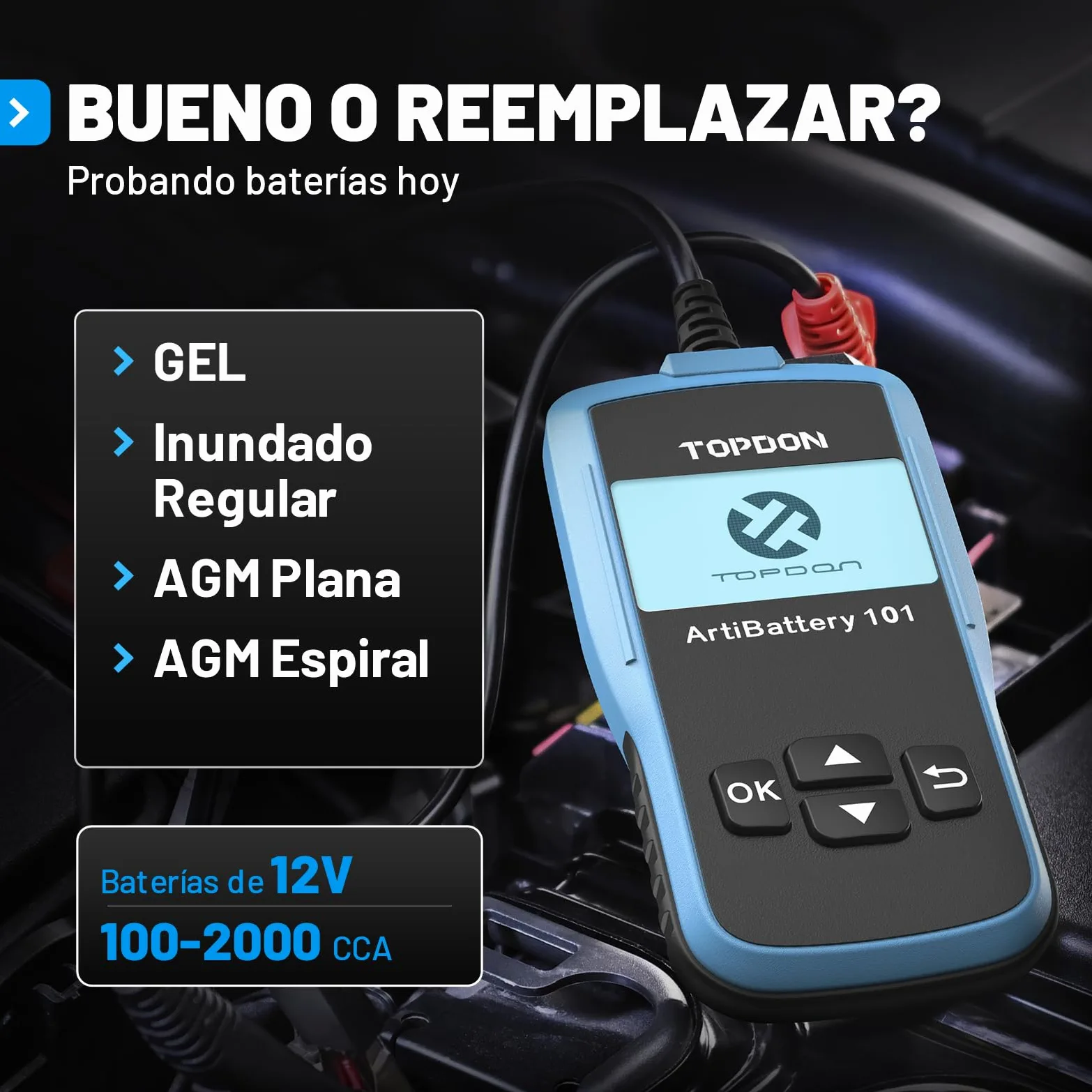 TOPDON ArtiBattery AB101 Comprobador de batería de Coche de 12 V 100 – 2000 CCA. Medidor de batería de Coche para Pruebas de Arranque y Carga, Analizador Digital para Celda húmeda/AGM/Gel/EFB