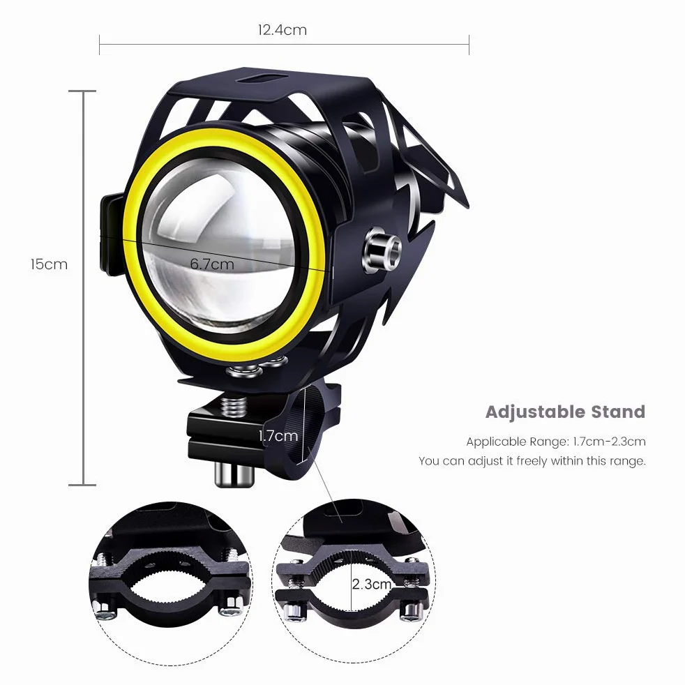 2 piezas U7 luz antiniebla de conducción de motocicleta con halo ámbar, impermeable para motocicleta auxiliar DRL faros delanteros LED con interruptor de 3 cables 12V 24V para moto quad scooter