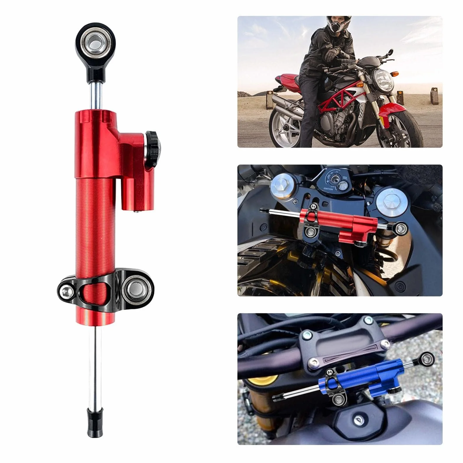 Amortiguador de Direccion Moto, Estabilizador de amortiguador de dirección de aleación de aluminio universal para motocicleta para la mayoría de las motocicletas (rojo y negro)