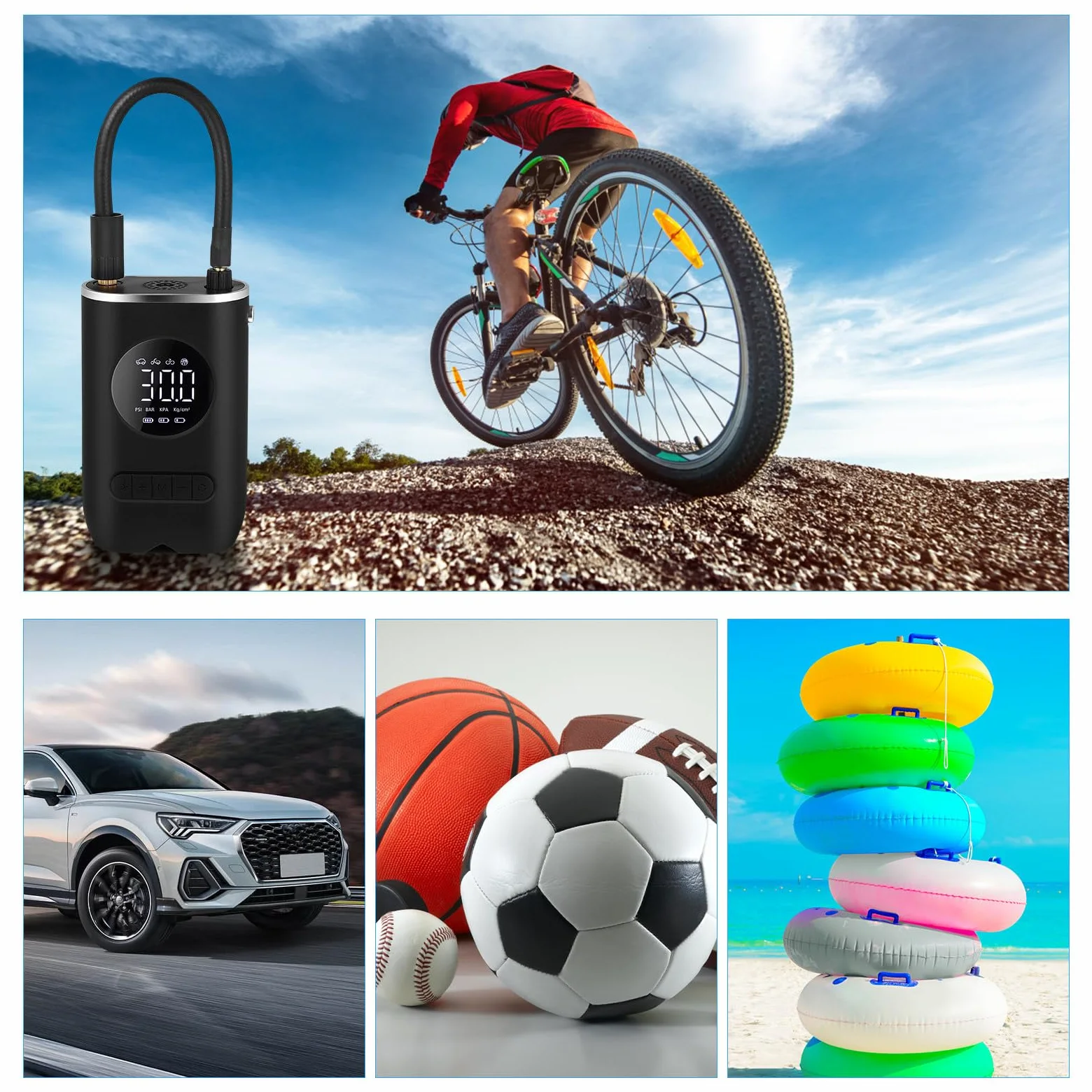 Inflador de Neumáticos Portátil para Coche Inalámbrico Digital Negro | 4000mah, 7.4v y 70w, Pantalla LED de Alta Precisión, Boquillas Incluidas y Cable de Alimentación