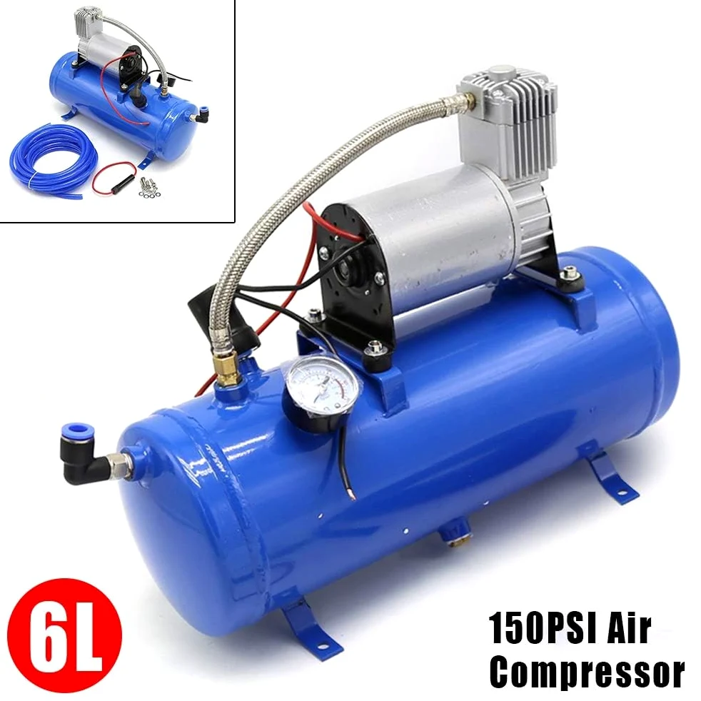 Sistema de compresor de aire portátil de 12 V, tanque de 150 PSI y 6 L para bocinas de tren, kit universal para neumáticos de autocaravana, camión