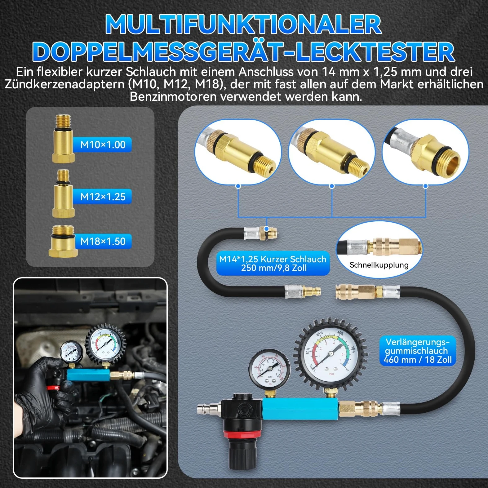 47 Piezas Comprobador de Compresión para Motores de Gasolina y Diésel, Comprobador de Compresión Diésel de 0 a 50 Bar, Kit de Probador de Fugas de Cilindros de Doble Calibre para HDI, TDCi, Motor Pum
