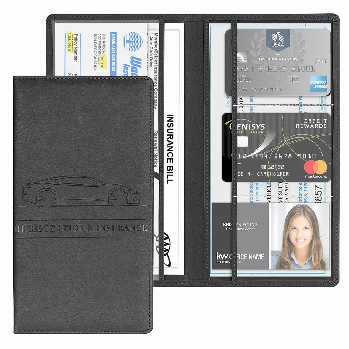 JNNJ Funda protectora para guantera y soporte de documentos, autorización de coche, piel sintética, organizador para documentos importantes (negro)