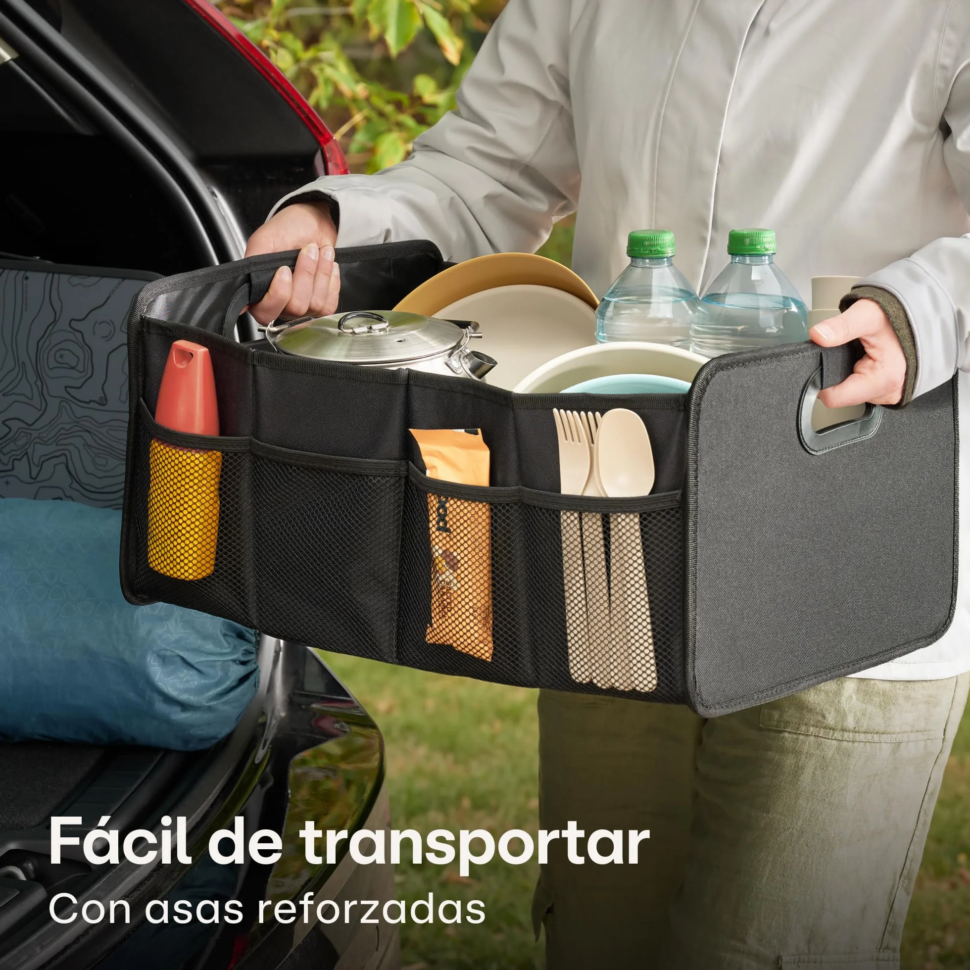 Praknu Organizador de Maletero Plegable XL – 3 Compartimentos Flexibles con 5 Bolsillos – Base Antideslizante – Tamaño Ideal para Organización del Coche – Robusto y Resistente al Agua de Tela Oxford