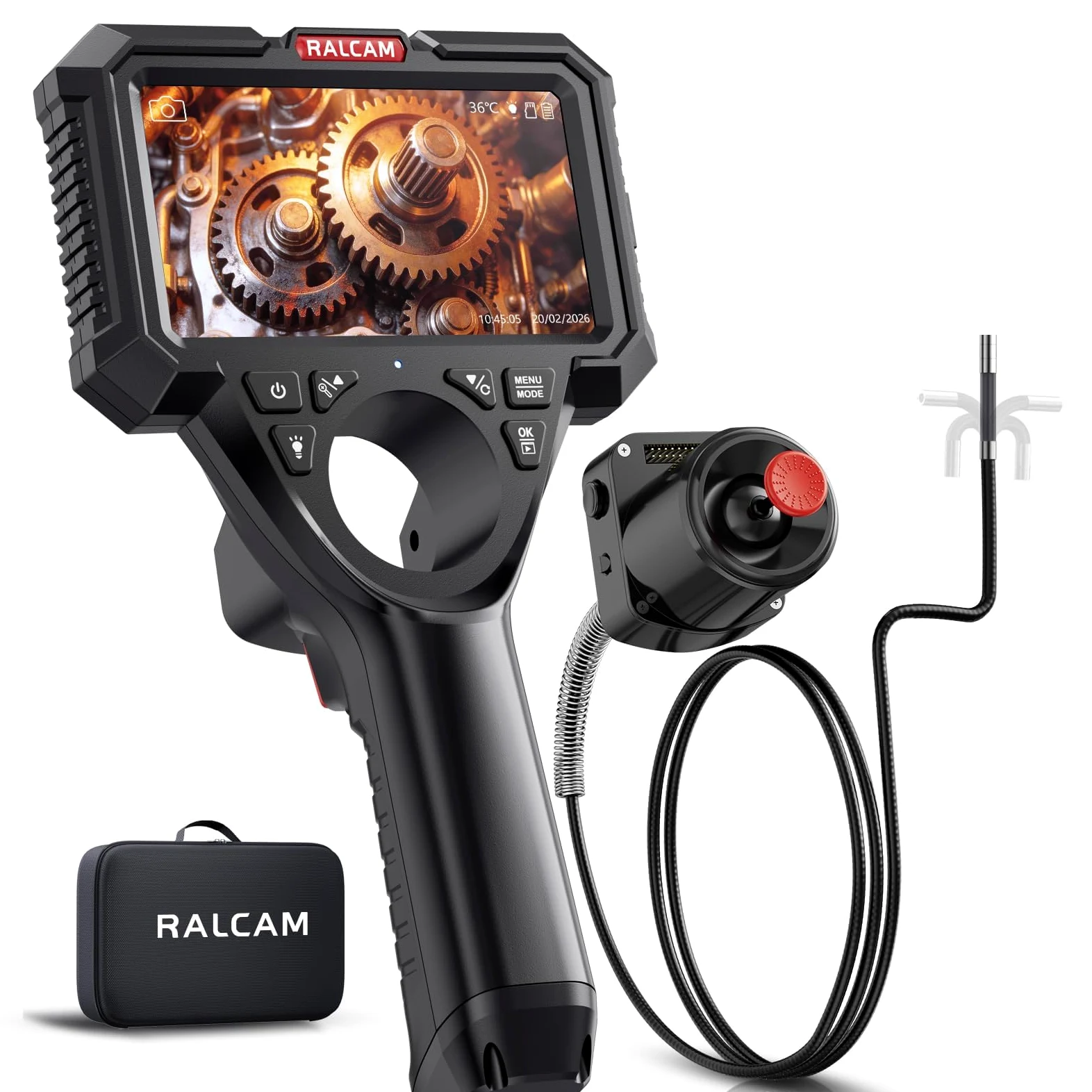 Ralcam Cámara Endoscópica Industrial con Cable de Serpiente Reemplazable, Pantalla HD de 5", Sonda Articulada 4 Vías y Joystick SUS304, Cámara 6,2 mm, Cable Impermeable, 1,5 m para Autos y Tuberías