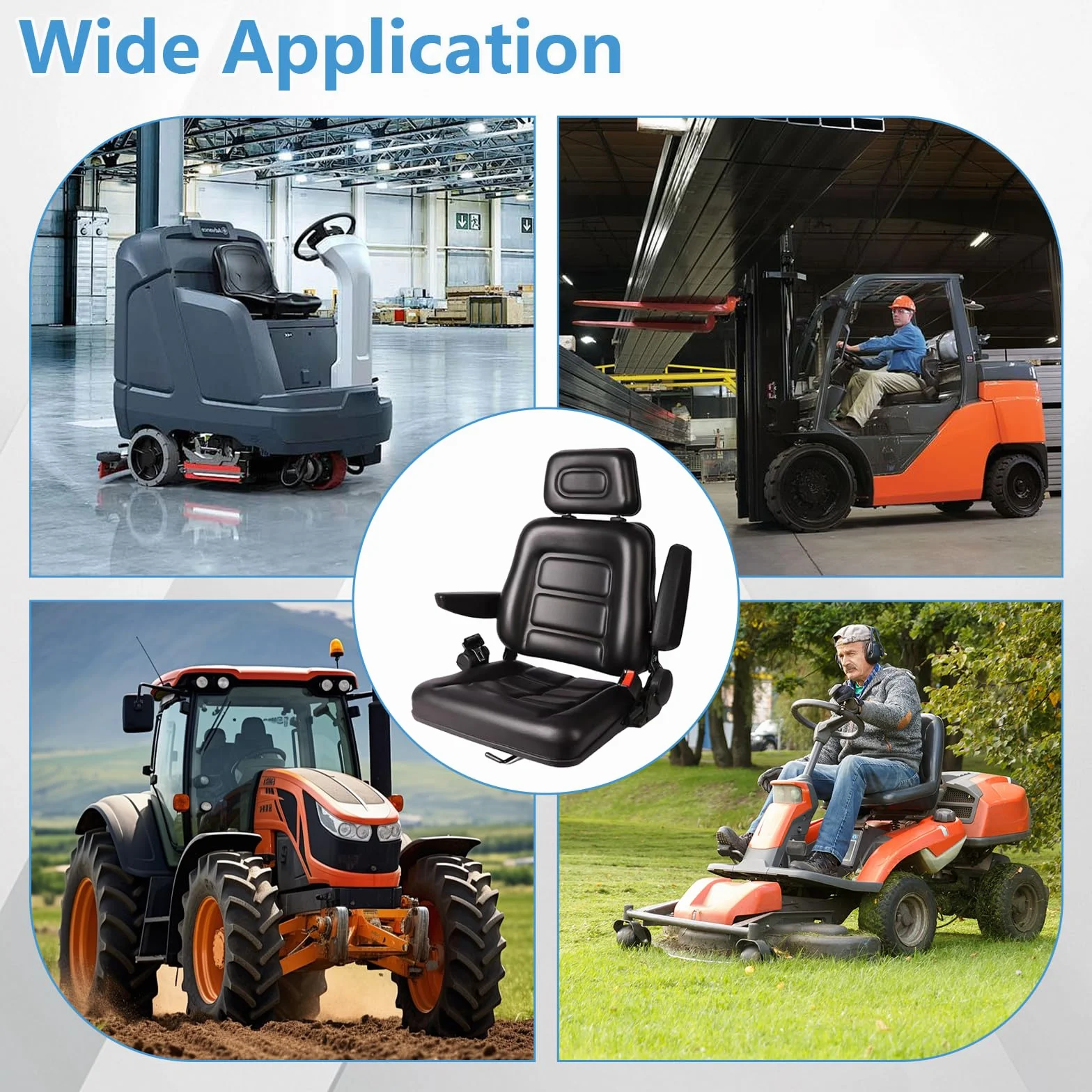 Asiento universal para tractor, asiento plegable para carretilla elevadora con respaldo ajustable y cinturón de seguridad, reposacabezas ajustable en 3 posiciones, reposabrazos plegables y rieles