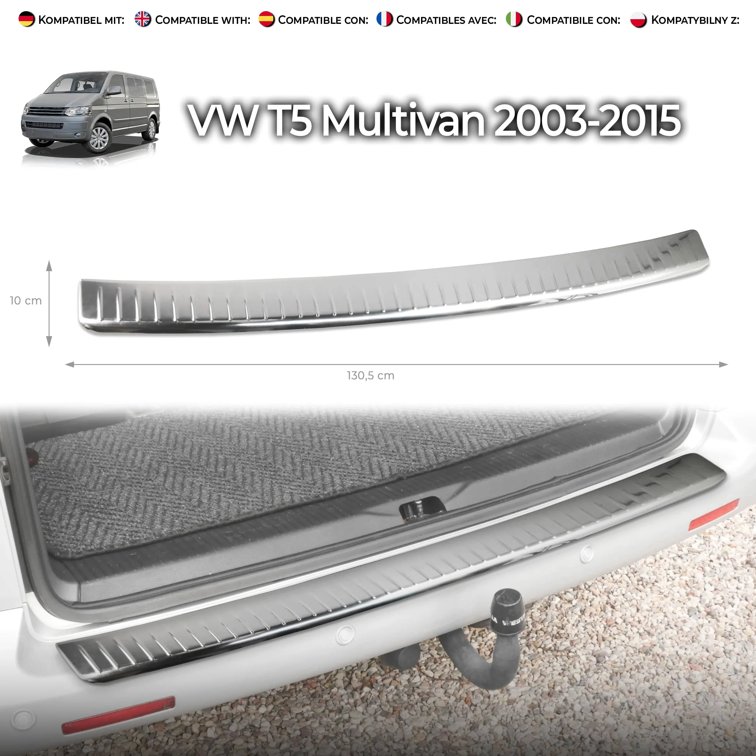 CHROMEMASTER - Protector de Parachoques - Compatible con VW T5 Multivan 2003-2015 | Acero Inoxidable Pulido - Tira Protectora Protege la Pintura del Parachoques Trasero de Daños