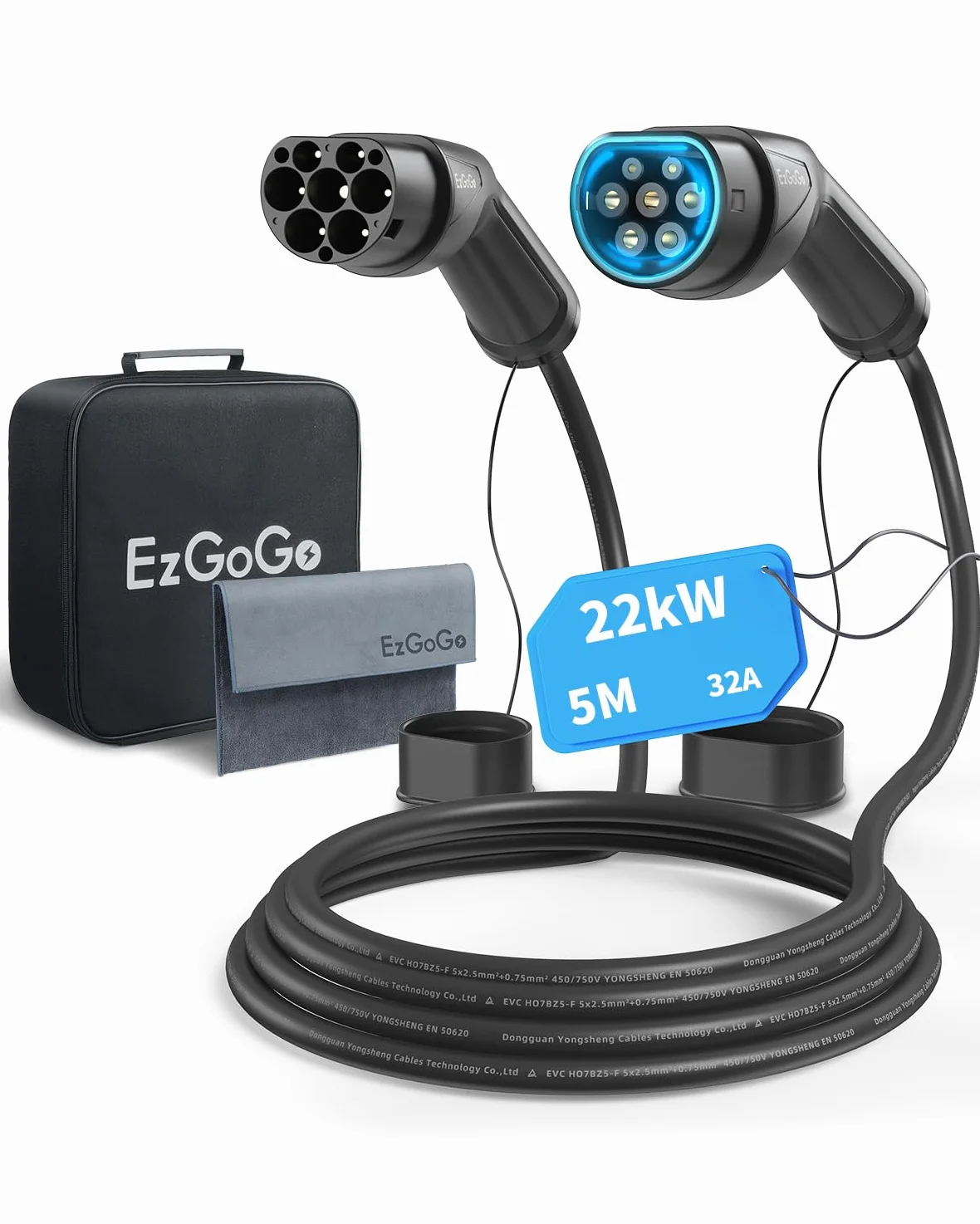 Ezgogo Cable de Carga Tipo 2 EV, 32A/22kW/Trifásico/5 Metros/Modo 3, Carga Rápida Híbrido Enchufable para Vehículo Eléctrico