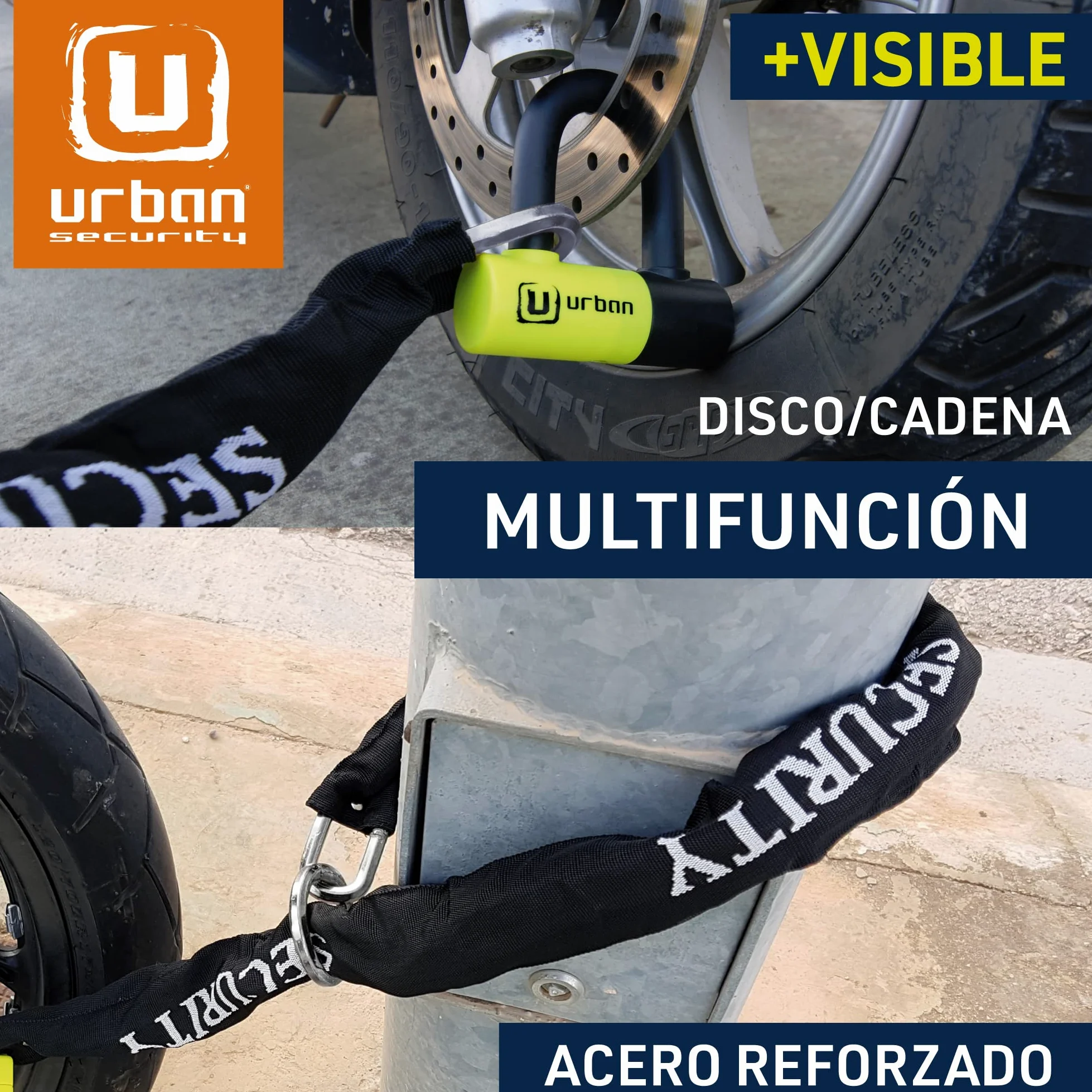 URBAN UR59120 Candado Antirrobo Mini U con Cadena Lazo 120 cm, Doble Función Más Seguro para Candado Moto Disco, Cerradura Alta Seguridad y Doble Cierre, Antirobo Universal para Moto,Scooter Bicicleta