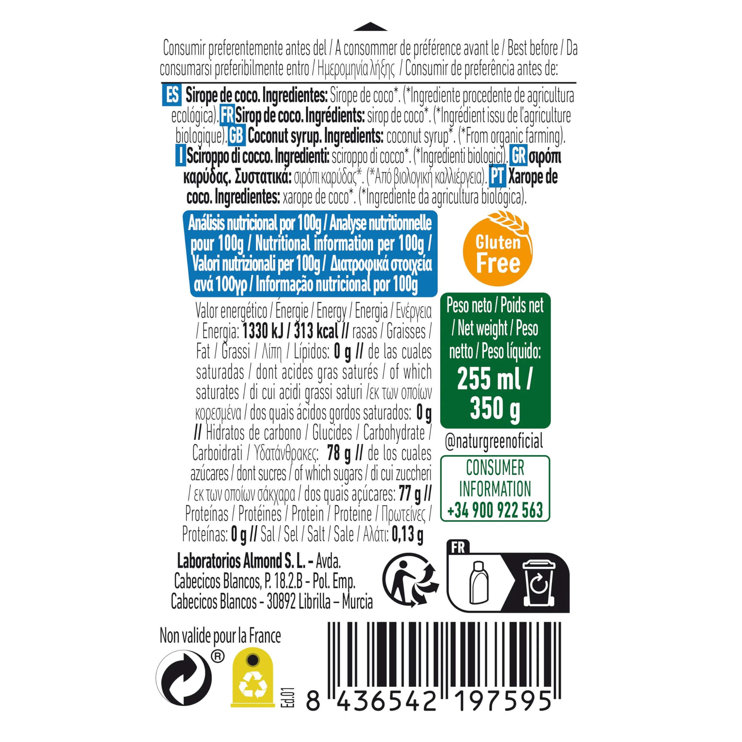 NaturGreen Sirope de Coco BIO Jarabe de Coco Dark Ecológico Bajo Índice Glucémico Edulcorante Vegano Sin Gluten - 255 ml/350g