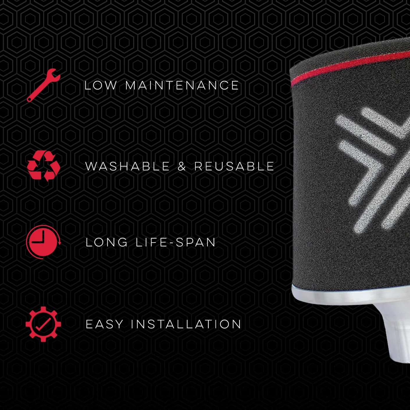 Pipercross Filtro Aire Universal PK002F | Mejora flujo de aire y eficiencia motor, Espuma lavable, Para admisiones 65mm, Fácil instalación