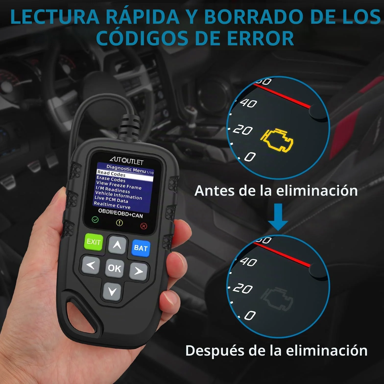 AUTOUTLET Lector de códigos OBD2 Escáner de diagnóstico rápido borrado de códigos Amplia Biblioteca DTC 13 Idiomas Compatible con Varios protocolos de vehículos