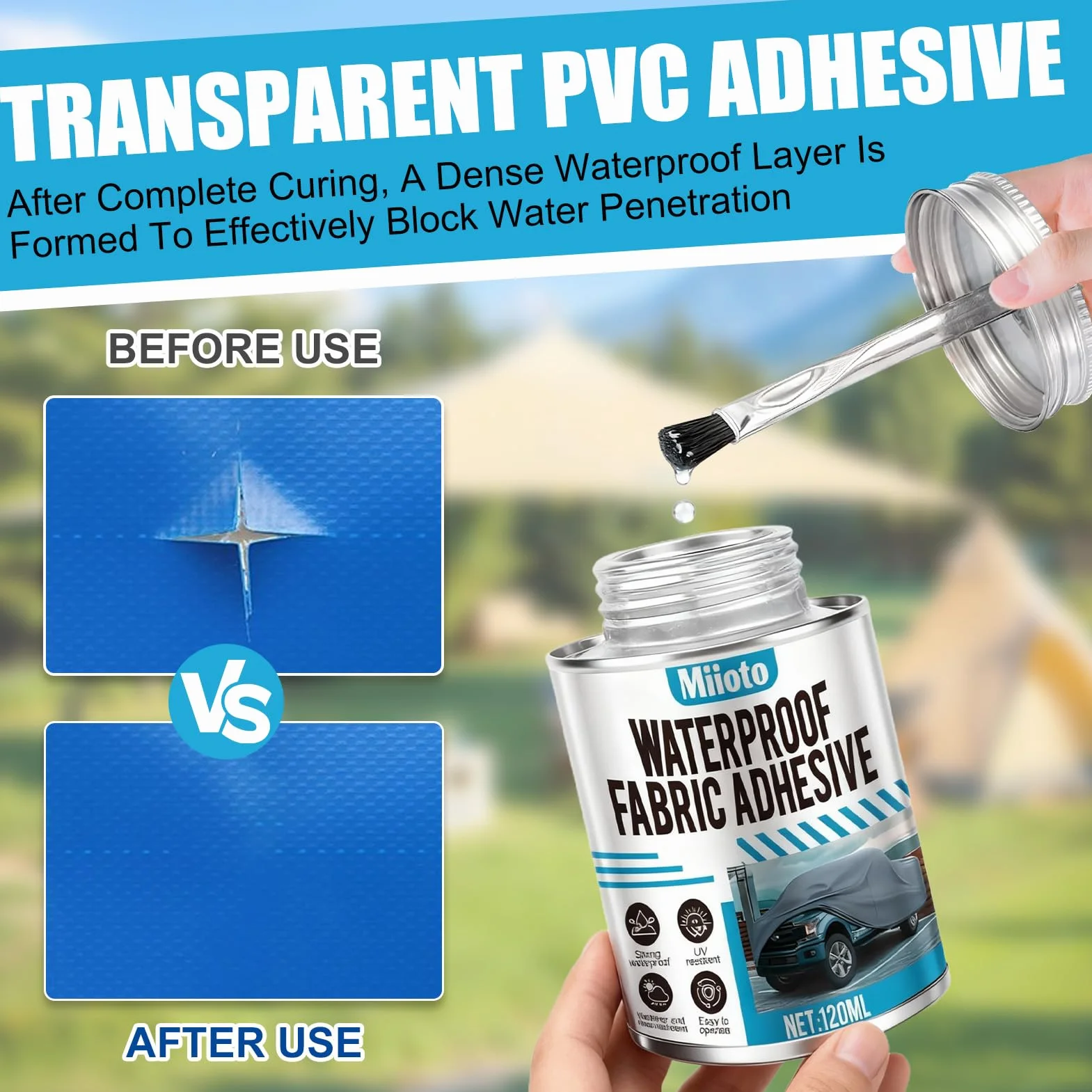 Miioto Pegamento PVC, Pegamento para Lona de Tela, Adhesivo para Lona de Tela con Brocha, Ideal para Lonas, Tiendas de Campaña, Lonas para Camiones y Reparaciones en Exteriores, 120ML