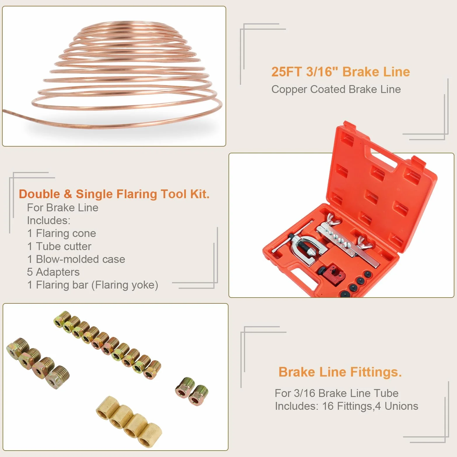 Poweka Kit de Herramientas para Cable de Freno,7,6 m 4.7 mm Conducta De Freno para Herramienta Abocardar con 16 Accesorios de Tubo de Freno y 4 Roscas,Kit De Manguera De Freno