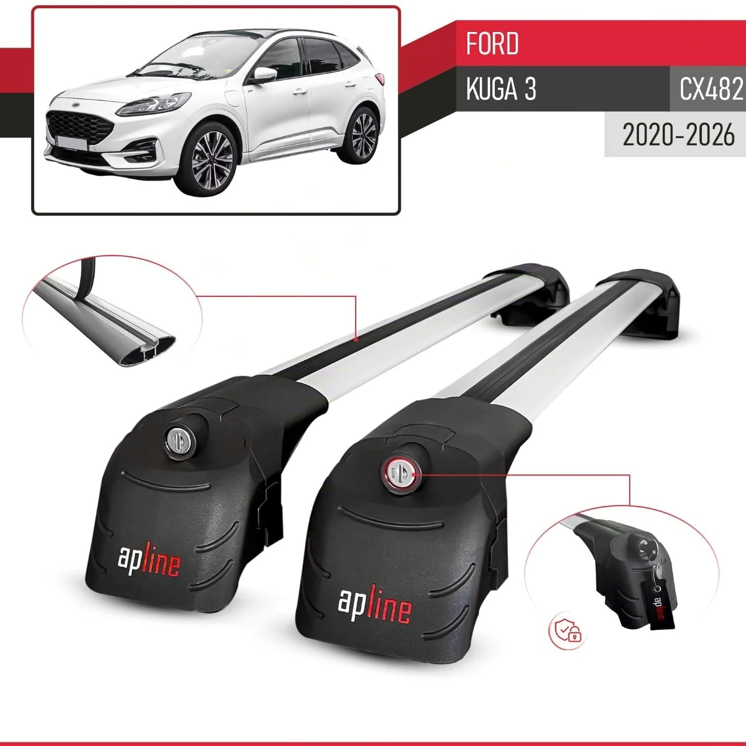 Compatible con Ford Kuga 3 (CX482) 2020-2026 Modelo Ace-2 Barra de Techo Auto Portaequipajes Barras Transversales Gris Aluminio 2 Barras