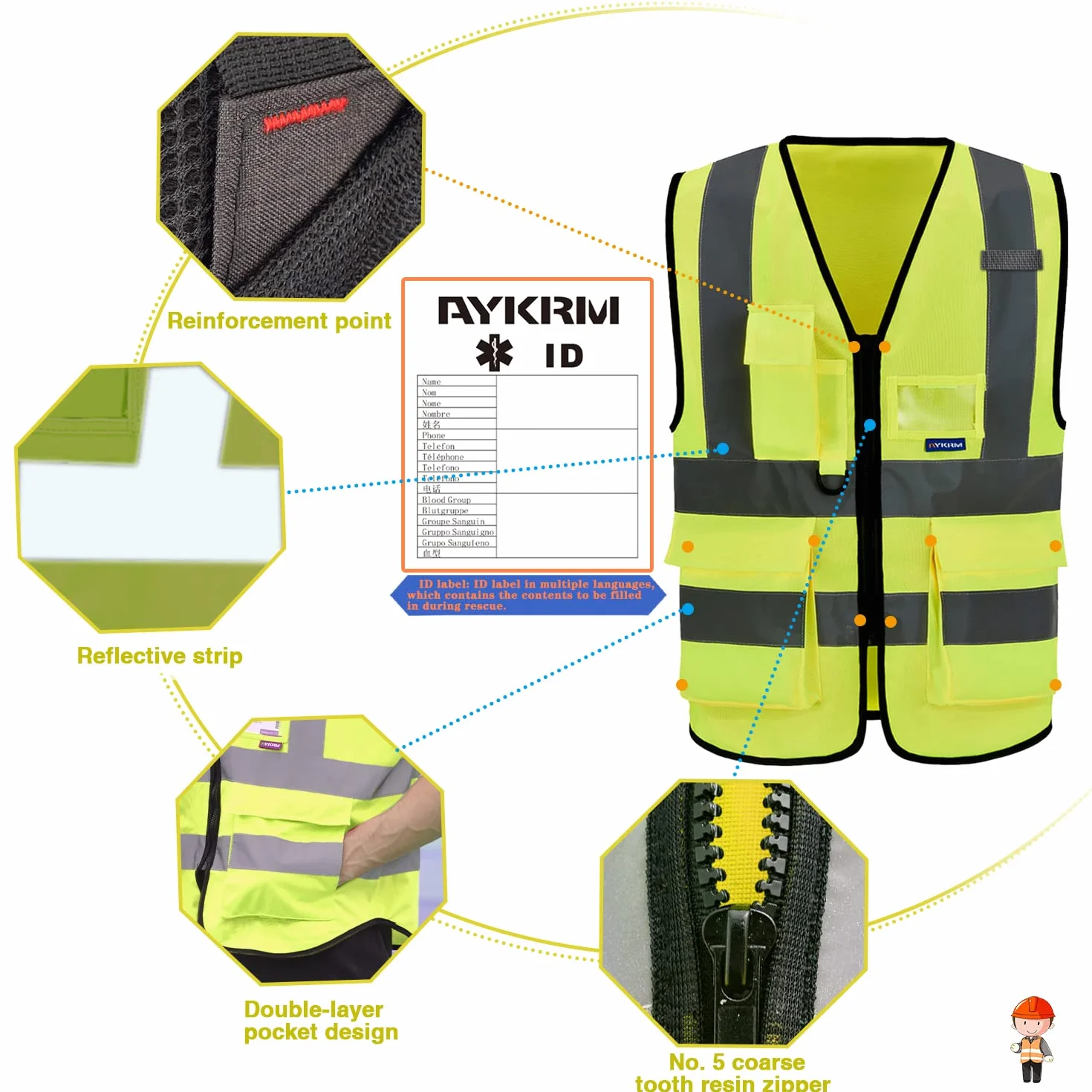 AYKRM Chaleco de Seguridad Reflectante Alta Visibilidad Ropa de Trabajo Multibolsillos 21 Colores