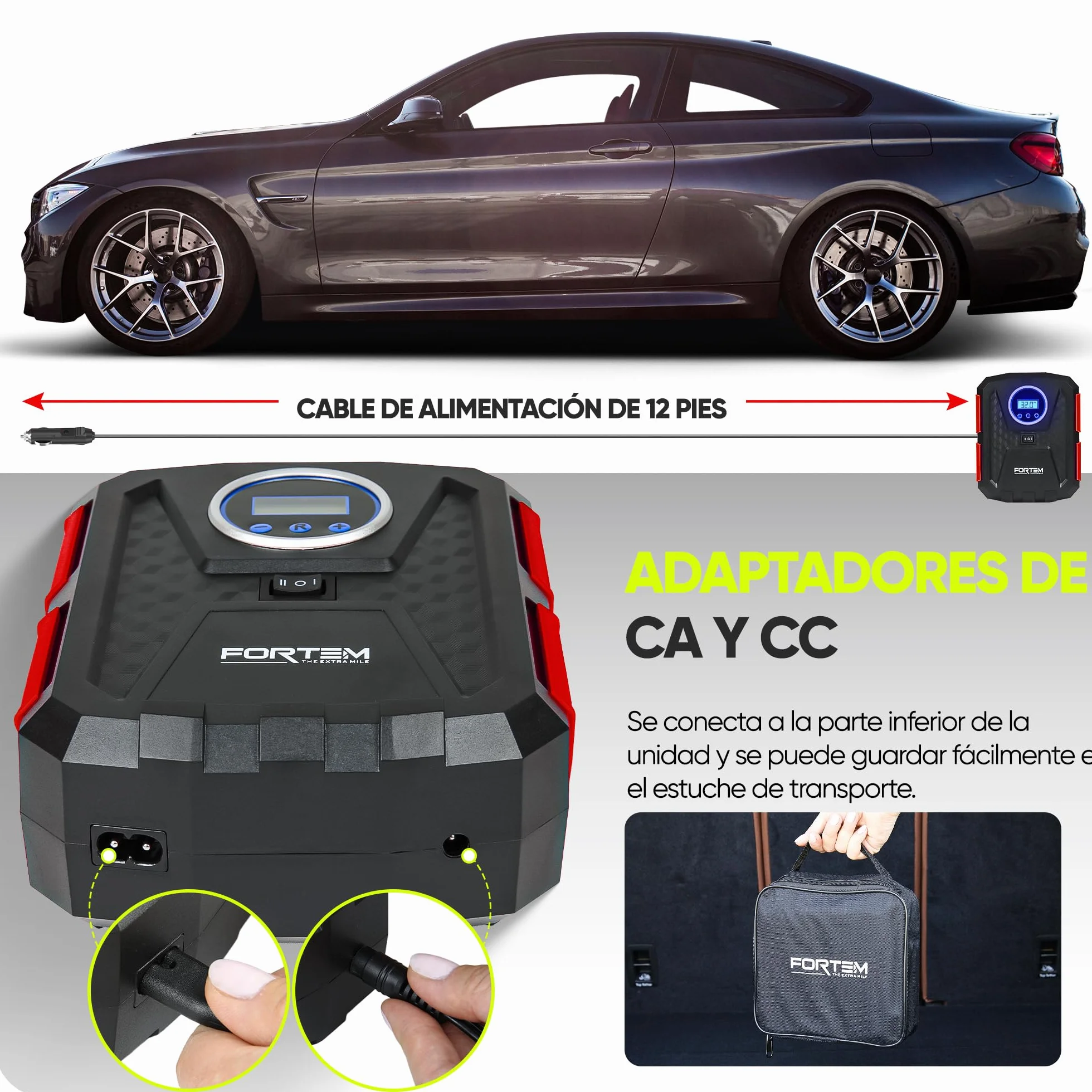 FORTEM Inflador de Ruedas de Coche, Compresor de Aire - Manómetro Digital, Autobombeo, Parada Automática - Bolsa de Transporte