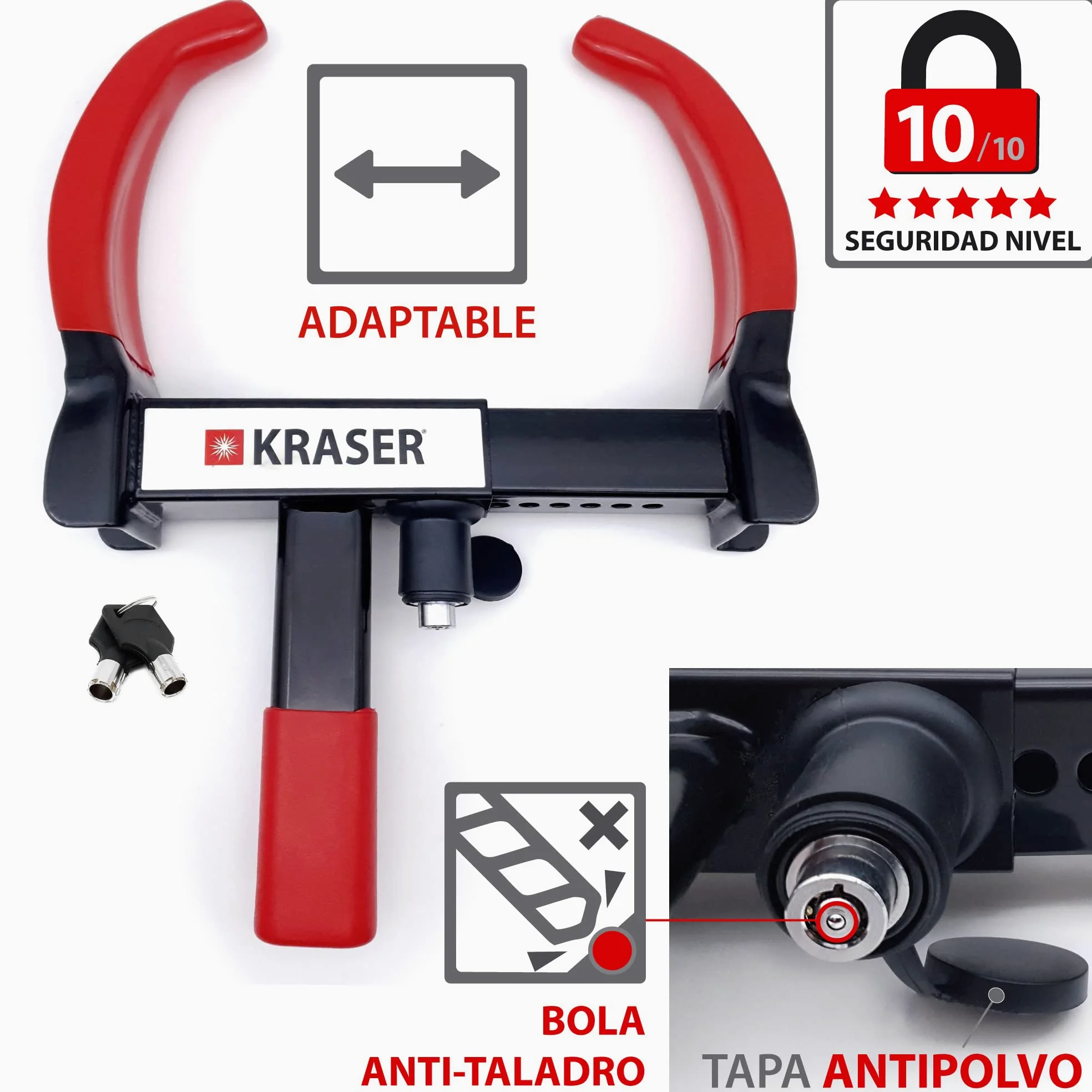KRASER KR820 Cepo Coche Antirrobo, N1 Alemania, Testado Anti Taladro, Protección Que tranquiliza, Inmovilizador Cepo Rueda, Antirrobo Coche, Universal Caravana, Remolque, SUV, Furgoneta, Moto
