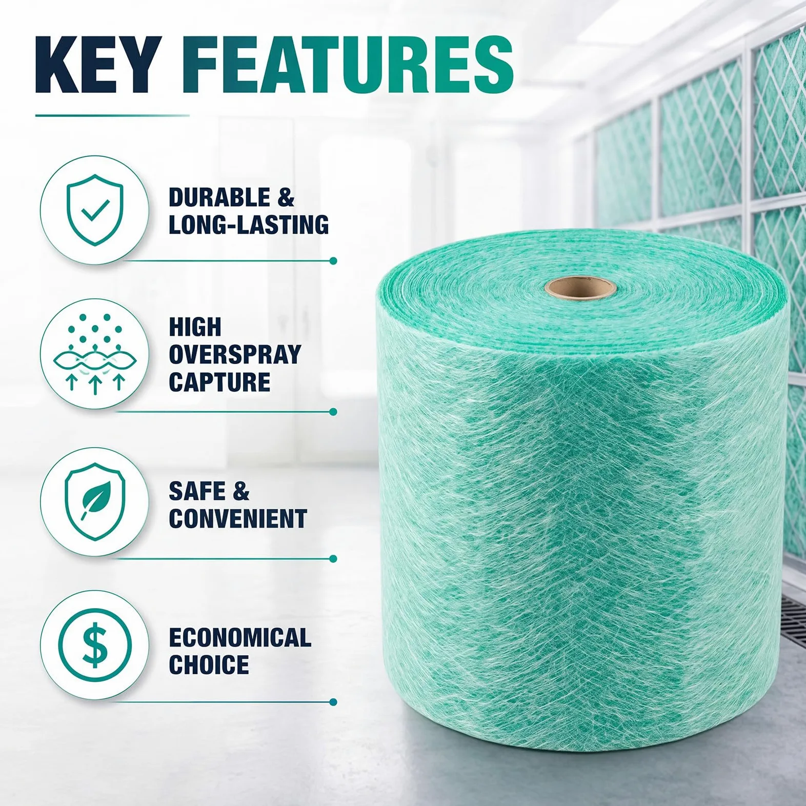 Lewtemi Rollo de filtro de escape de cabina de pintura, 20.5 pulgadas x 300 pies, 15 gramos de medios de fibra de vidrio verde para sobrepulverización de cabina de pulverización, sistemas de corriente