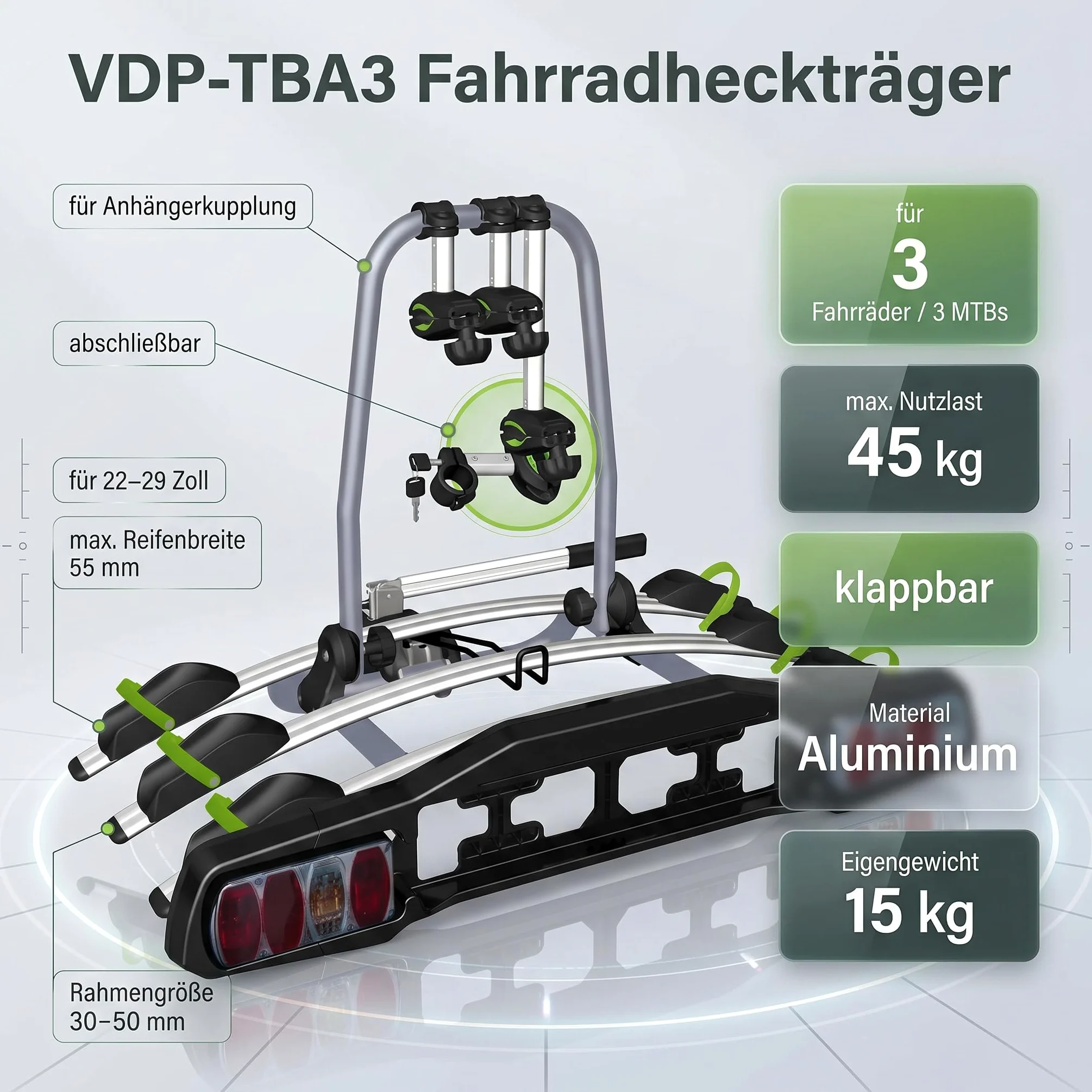 VDP-TBA – Portabicicletas trasero con bloqueo para 2/3/4 ruedas, plegable para remolque con Quick-Lock
