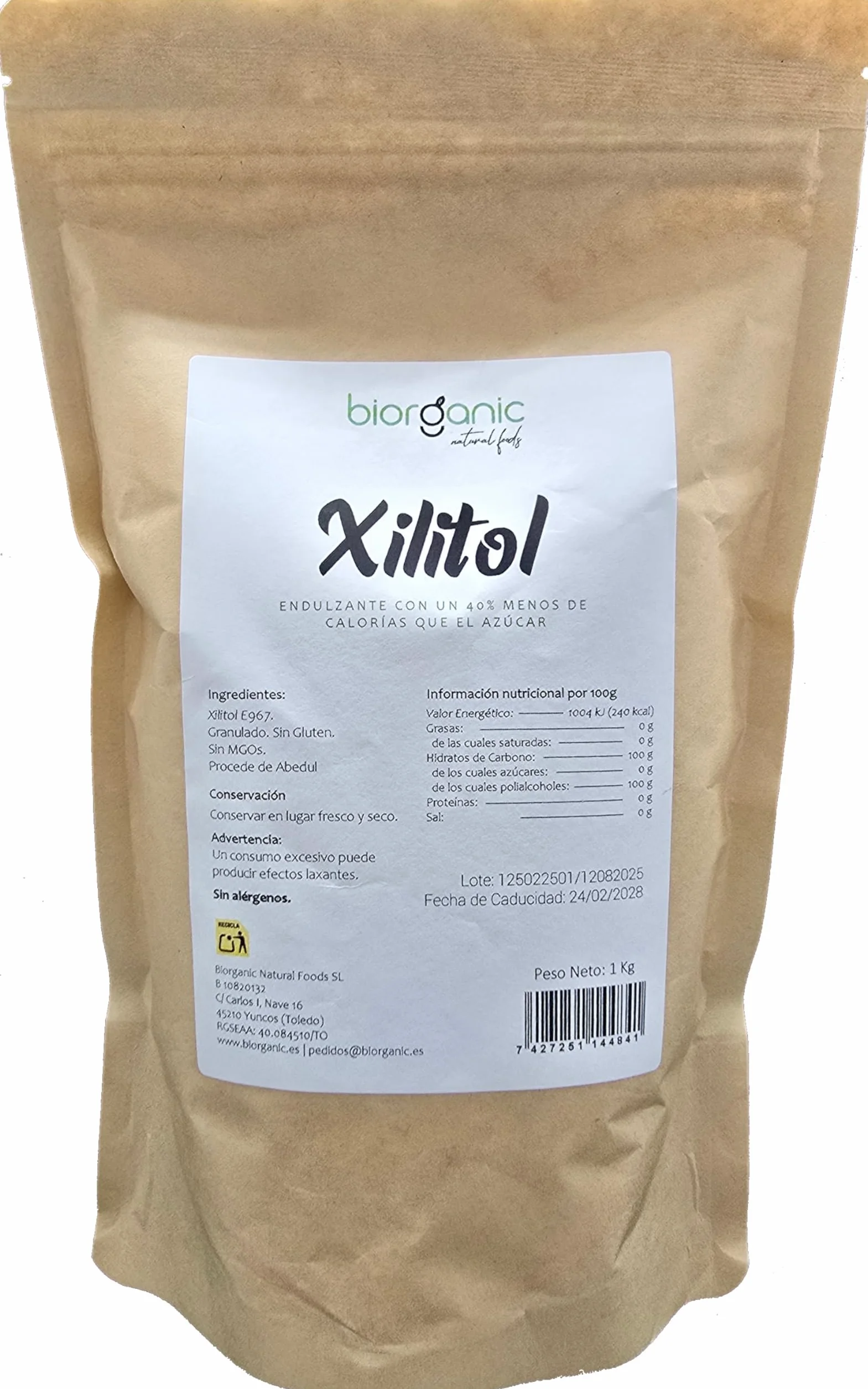 Biorganic Xilitol 1 kg Natural de Abedul Sin MGOs Sin Gluten Vegano