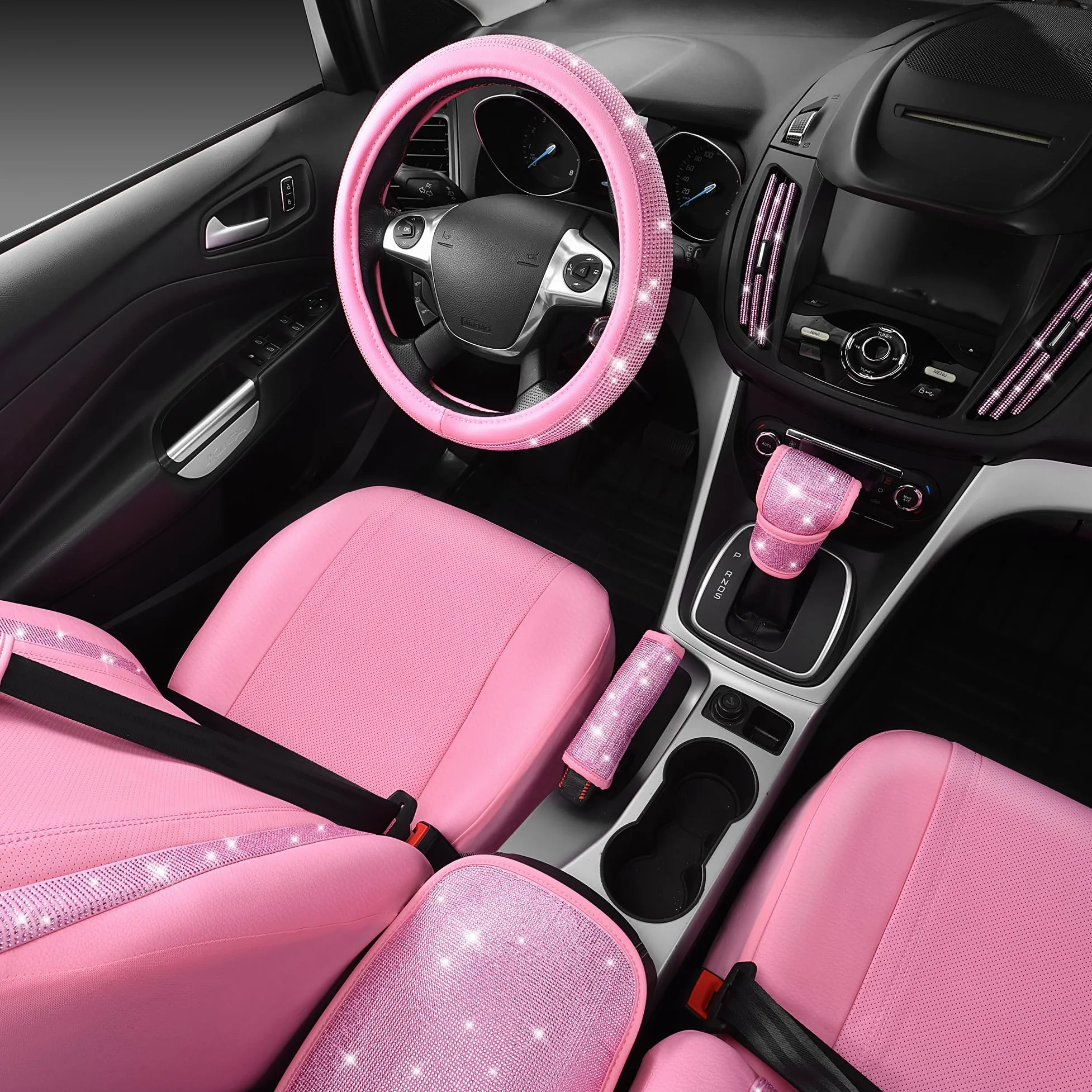 CAR PASS Juego de 24 accesorios de diamantes rosas para mujer, fundas de asiento de cuero, funda de volante de 15 pulgadas, ganchos brillantes de diamantes de imitación, posavasos, bonitas