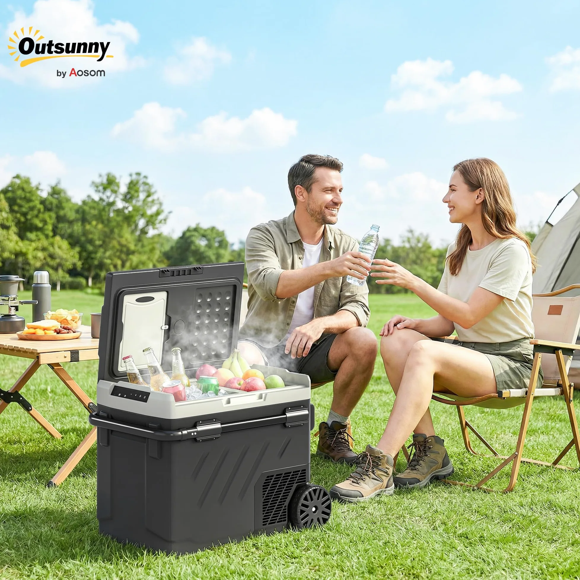 Outsunny Nevera Portátil Eléctrica 49L 12/24/240V Refrigerador de Coche con Compresor Doble Zona Control por App Luz LED Pantalla Modos ECO y MAX de -20℃ a +20 ℃ Asa Telescópica Ruedas y Puerto USB