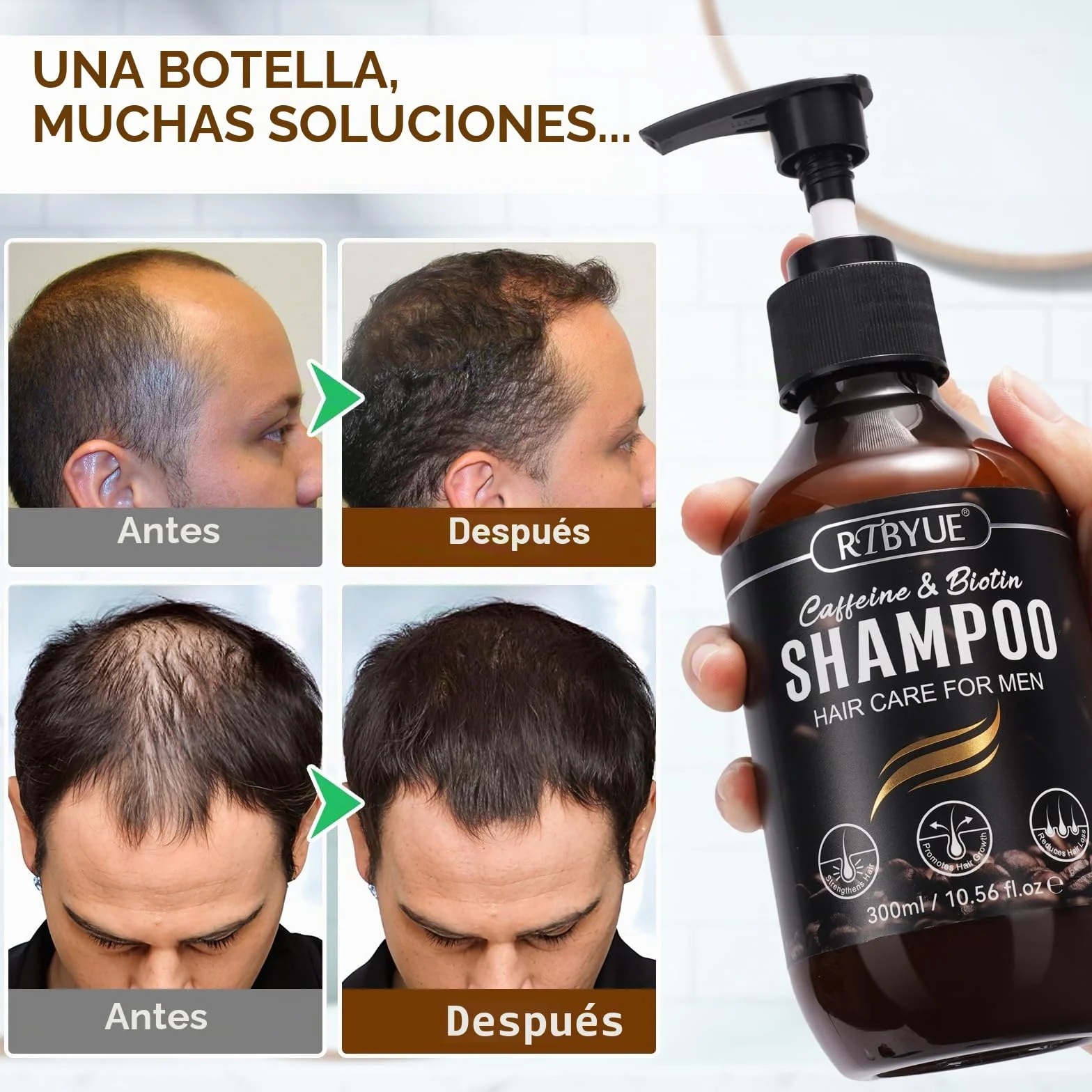 Champú de crecimiento capilar con cafeína, biotina y romero