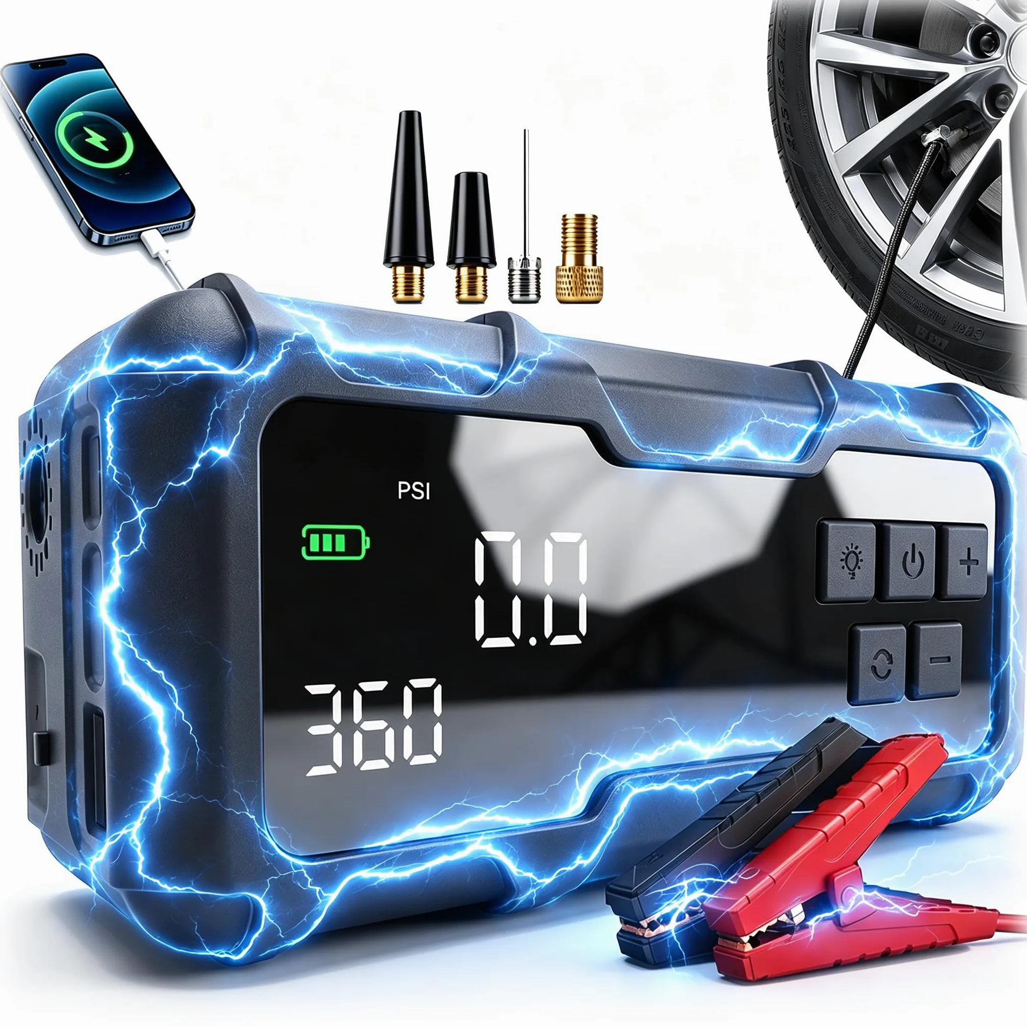 Inflador de neumáticos portátil compresor de aire bomba de aire para neumáticos de coche con manómetro digital, iluminación de emergencia y función de apagado automático, bomba inalámbrica