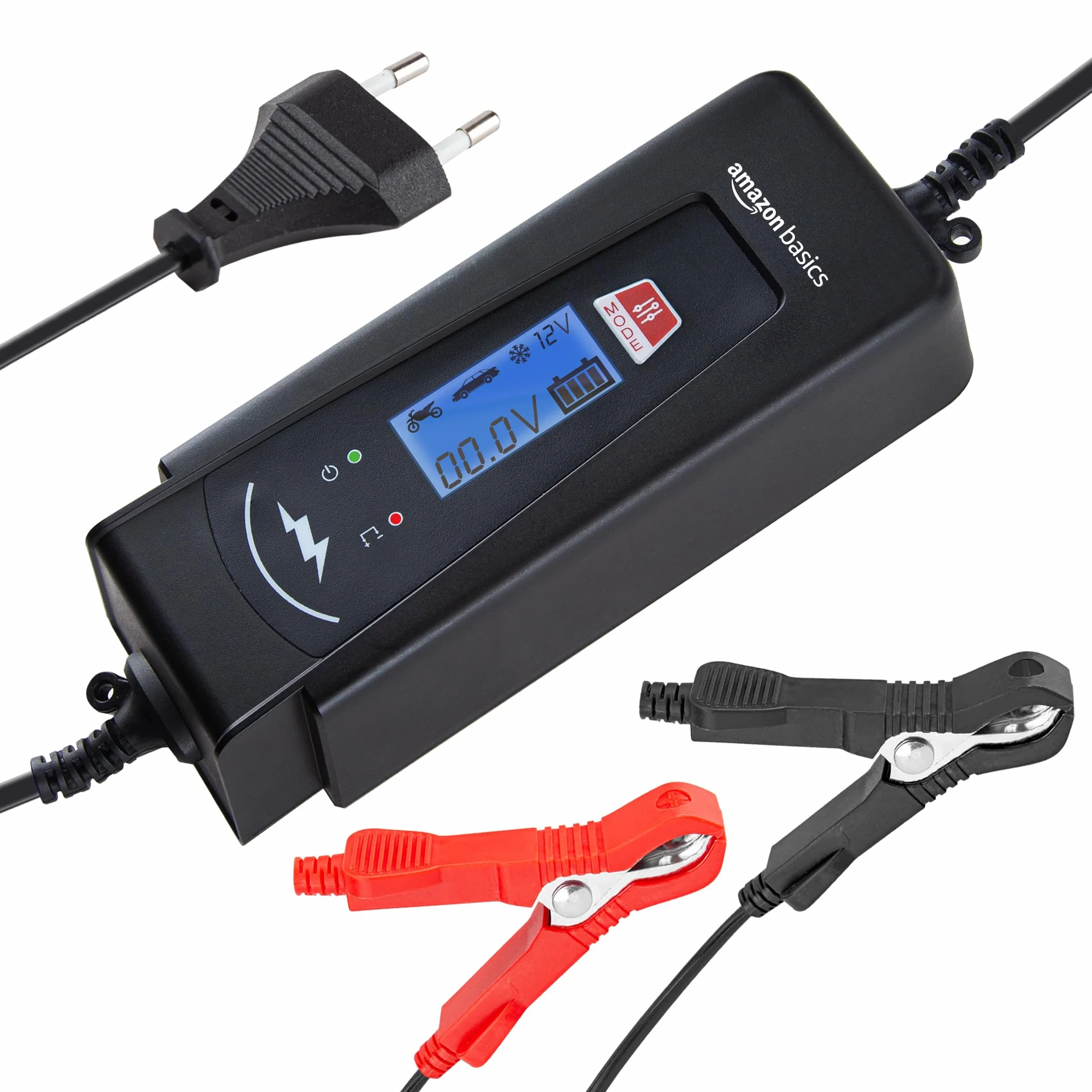 Amazon Basics Cargador de batería inteligente automático con función de probador de batería, enchufe UE, salida : 2A/4A, 6V/12V CC, Negro
