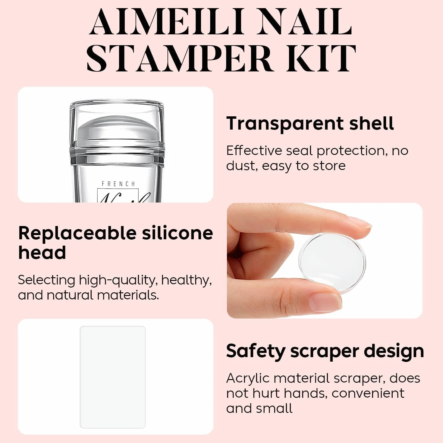 AIMEILI French Tip Nail Stamp 4PCS Nail Art Stamper Kit Clear Silicone Double Head Nail Stamper with Scrapers