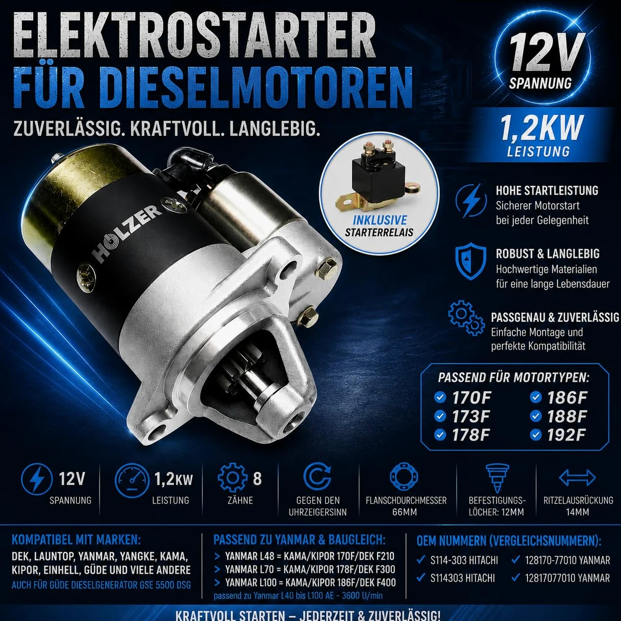 HOLZER Arrancador eléctrico, arrancador E para generador diésel, generador de corriente / 1,4KW / compatible con 170F 173F 178F 186F 188F 192F