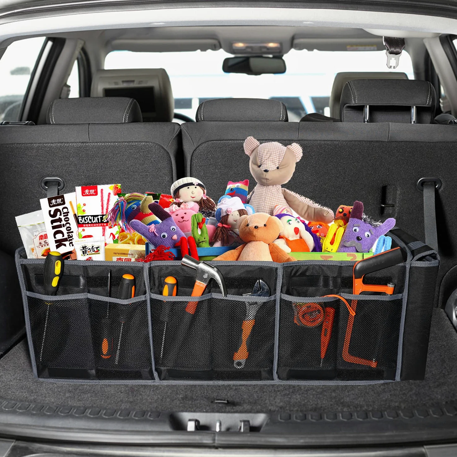 Organizador de maletero de coche con bolsa térmica a prueba de fugas, tapa extraíble, correas de seguridad ajustables, organizador de maletero de 3 compartimentos para coche, SUV, camión, sedán