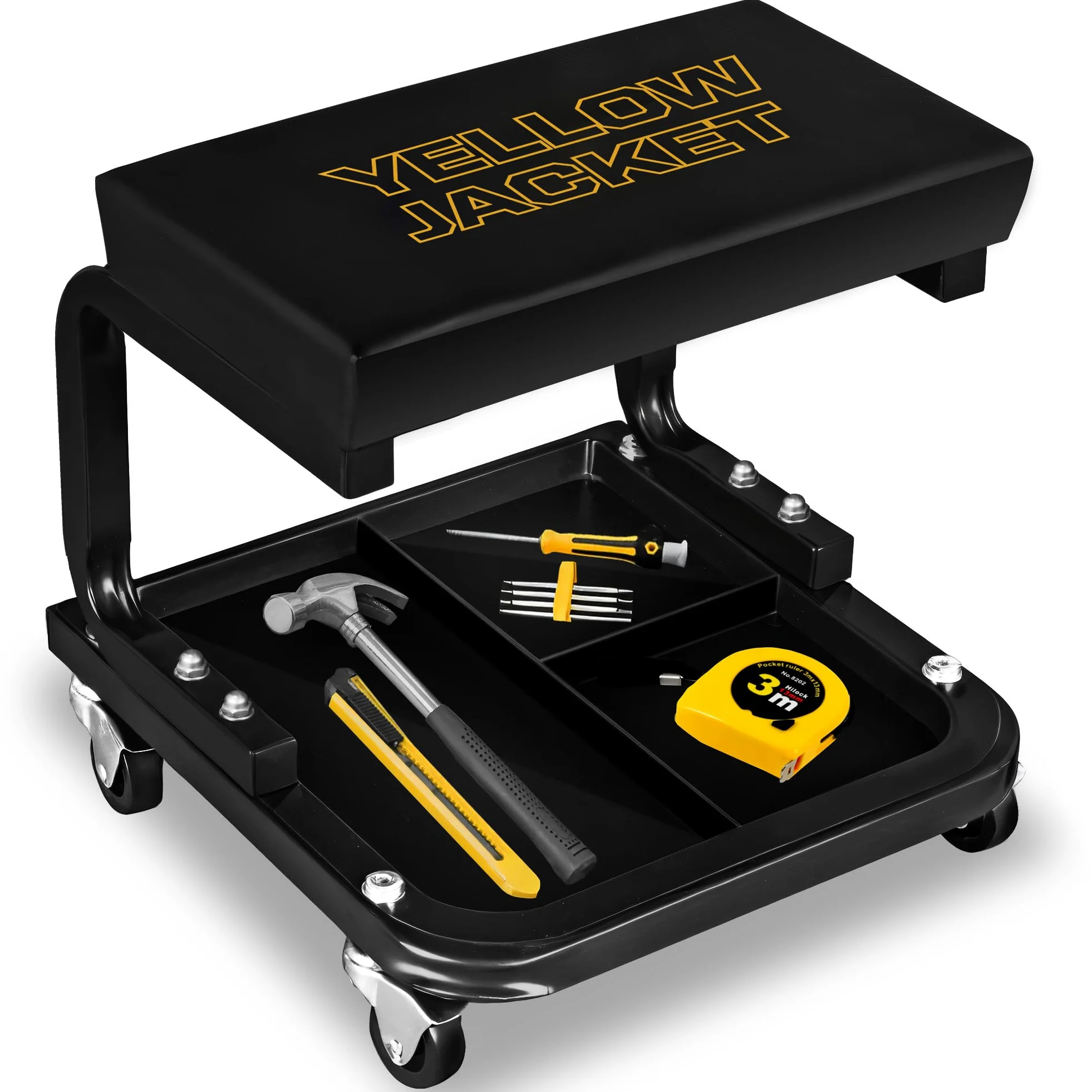Yellow Jacket Creeper - Asiento de cochera/tienda, capacidad de 250 libras, asiento de extracción de taburete mecánico acolchado con bandeja de herramientas