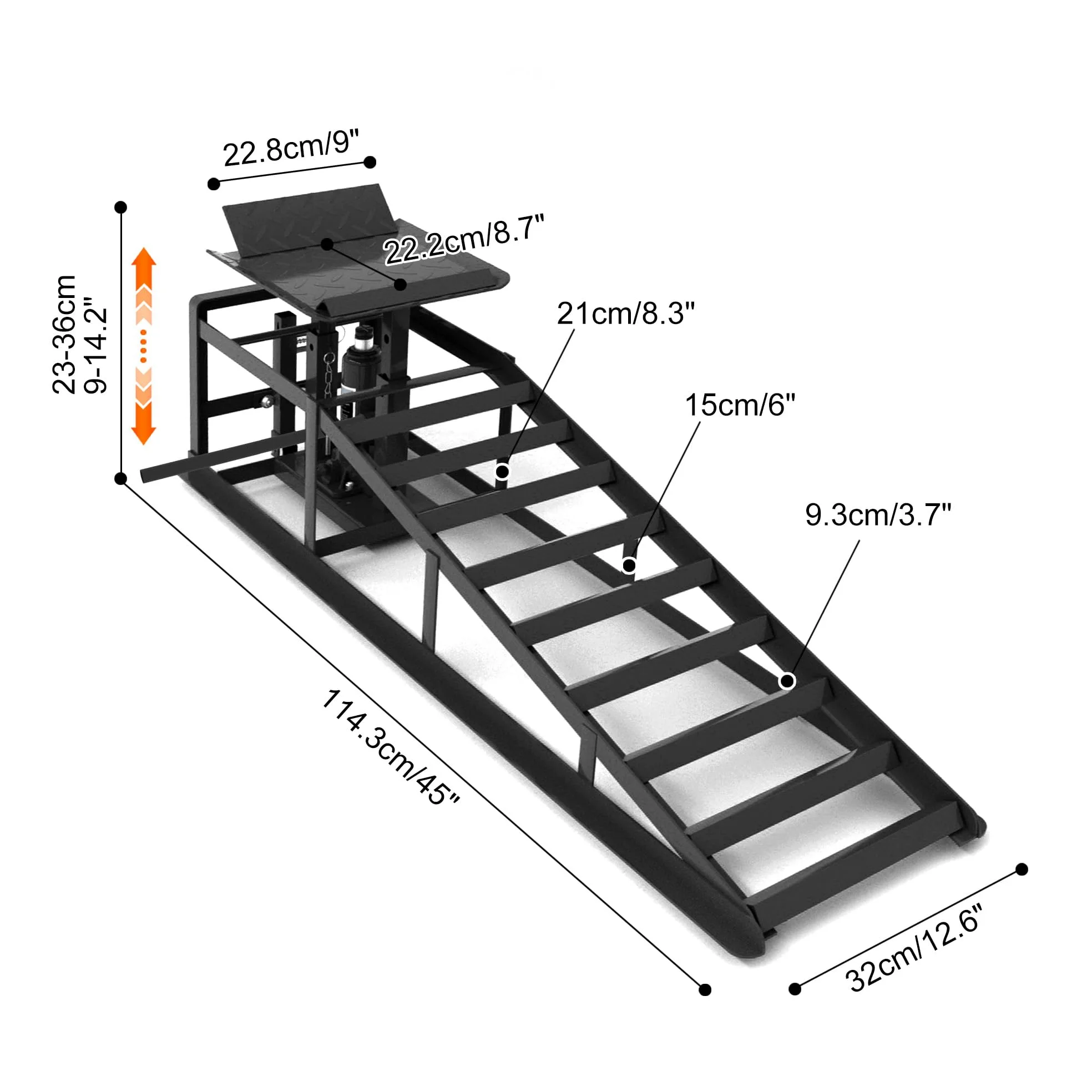 Juego de 2 rampas para coche con gato hidráulico y ruedas, capacidad de carga 5T (5000 kg), altura regulable 23 – 36 cm, plataforma elevadora para cambio de aceite y garaje, rampas de gato portátil
