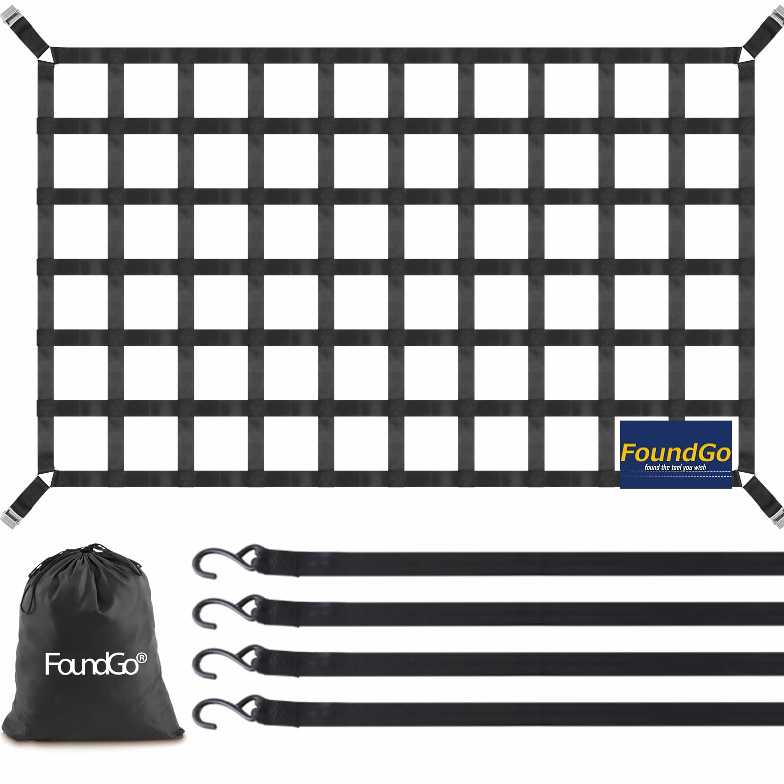 FoundGo Red de equipaje para camioneta, superficie de carga, 208 x 127 cm, ancho de banda de 4,6 cm, resistente, resistente a desgarros, portón trasero, red de carga ajustable, para remolques de