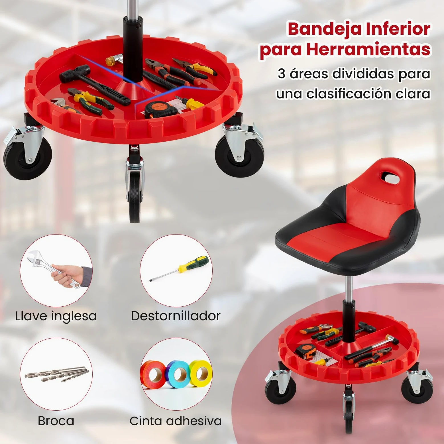 GYMAX Taburete de Taller, Taburete Mecánico con Asiento Aolchado Giratorio, Altura Ajustable, Bandeja para Herramientas, 5 Ruedas Universales, Asiento Rodante para Garaje Reparación Carga 150 kg