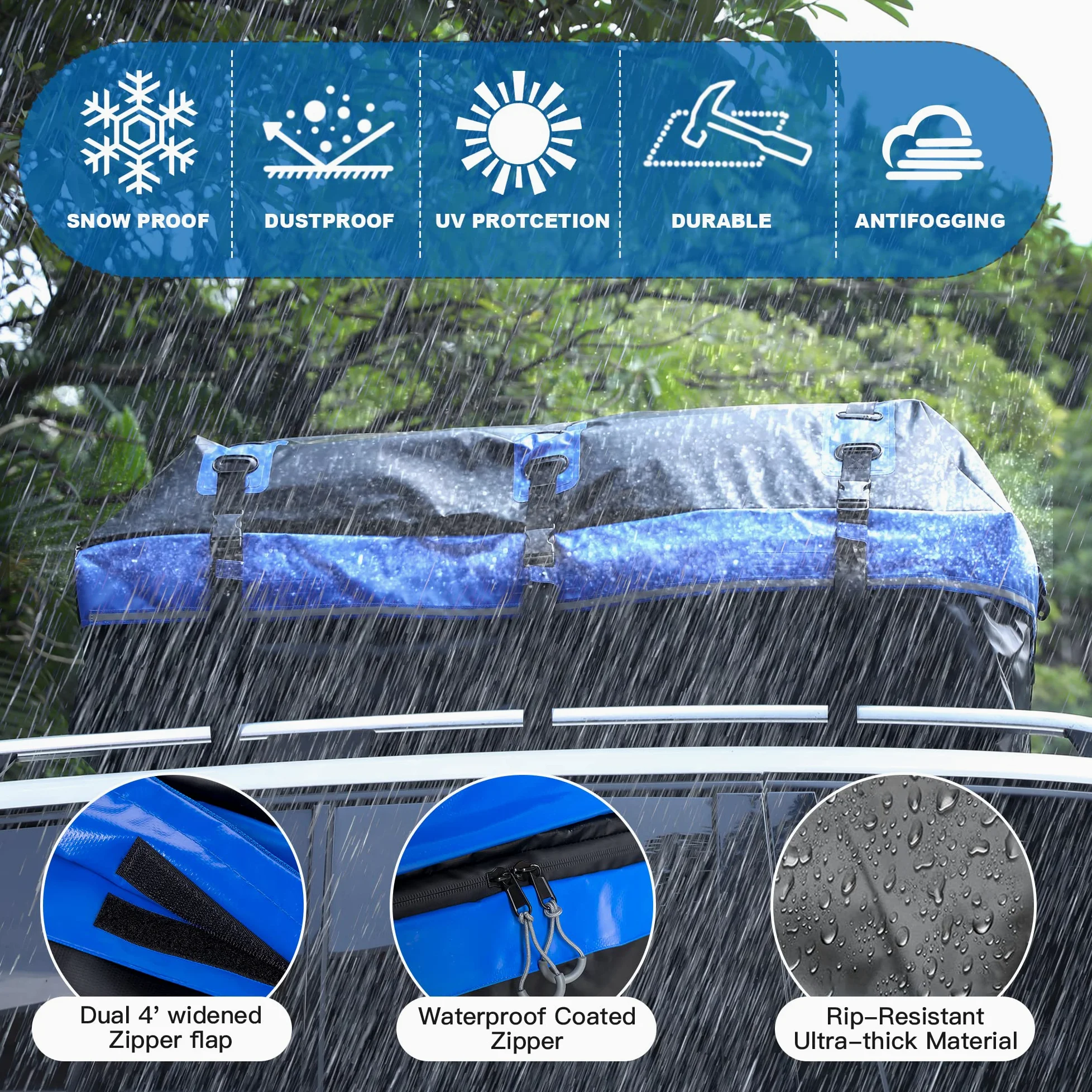 Maletero Techo Coche, 594L, Resistente al Agua, portátil, Apta para Todos los vehículos, SUV con/sin rieles, Incluye 8 Correas reforzadas y 6 Ganchos para Puerta, Azul