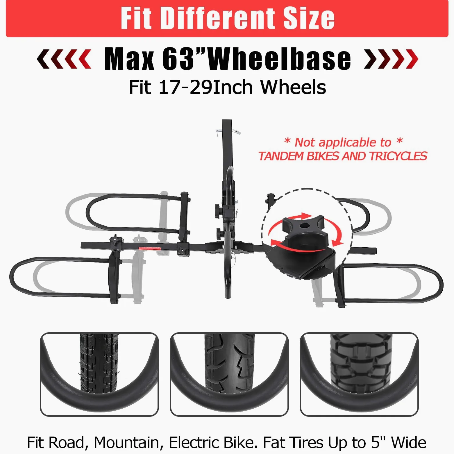 Garvee Portabicicletas Plegable de Enganche para 2 Bicicletas, Soporte para E-Bikes y Fat Bikes de hasta 180 kg, Ajuste de Neumáticos de 5.5'' con Sistema Antioscilación para Coche y SUV, Negro