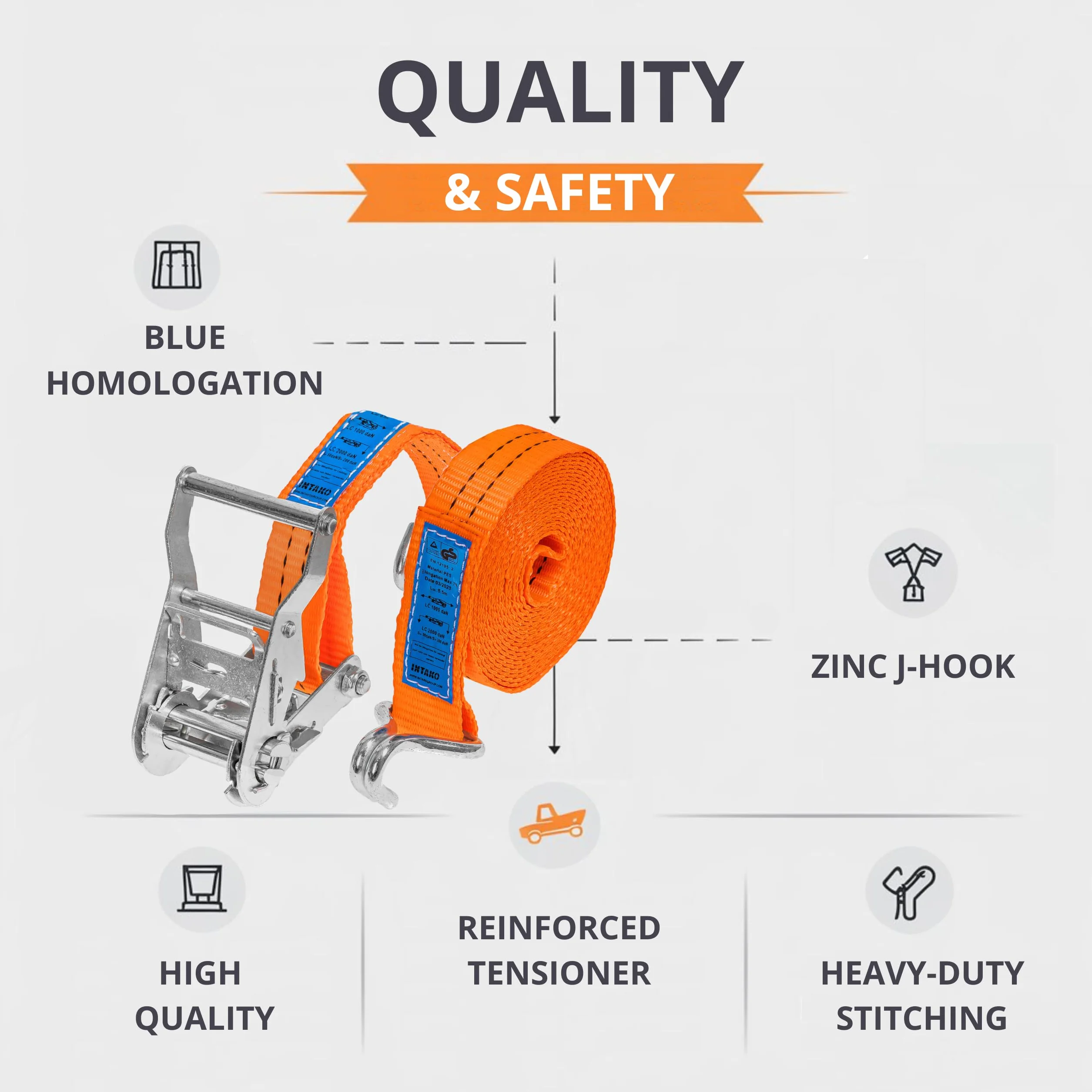 INTAKO Cinchas de Amarre con Carraca – 4m / 6m x 2000kg x 35mm – 2/10 Piezas – Eslingas con Carraca – Cinta de Amarre con Trinquete – Tensor de Cinchas para Auto y Moto (Naranja, 4m (2 Pezzi))
