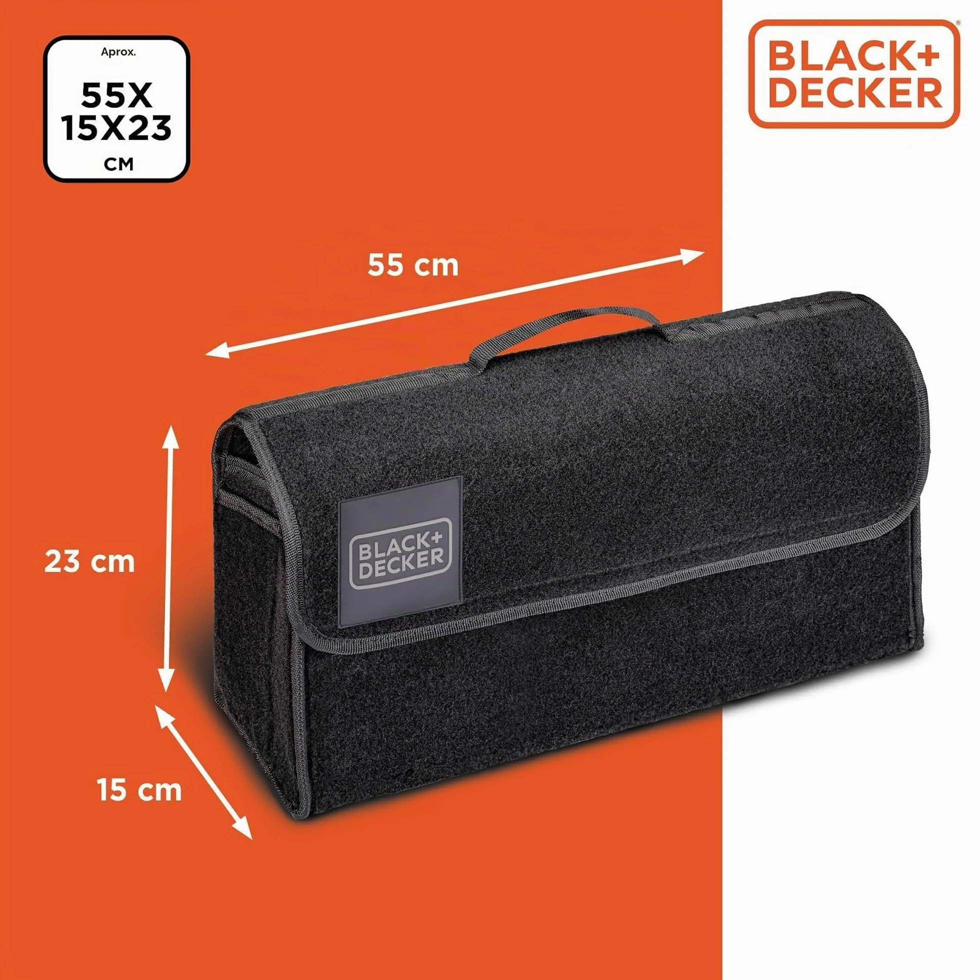 Black+Decker Organizador Maletero Coche - Organizador Coche 55 x 15 x 23 CM - Caja Plegable con 1 Compartimento Grande y 2 Bolsillos Deslizantes - Accesorios Coche y Compras - Con Velcro - Negro