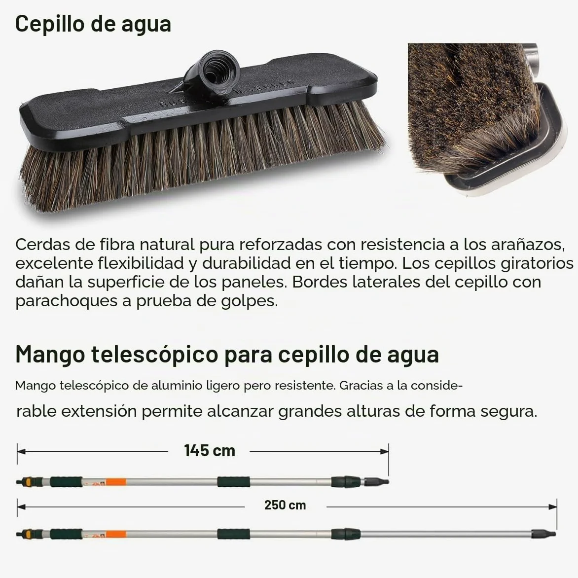 IPPA Limpieza Paneles solares. Cepillo de cerdas Naturales. Conveniente para el Coche, Caravana, Caravana, camión, Coche, autobús. Limpieza de PV.
