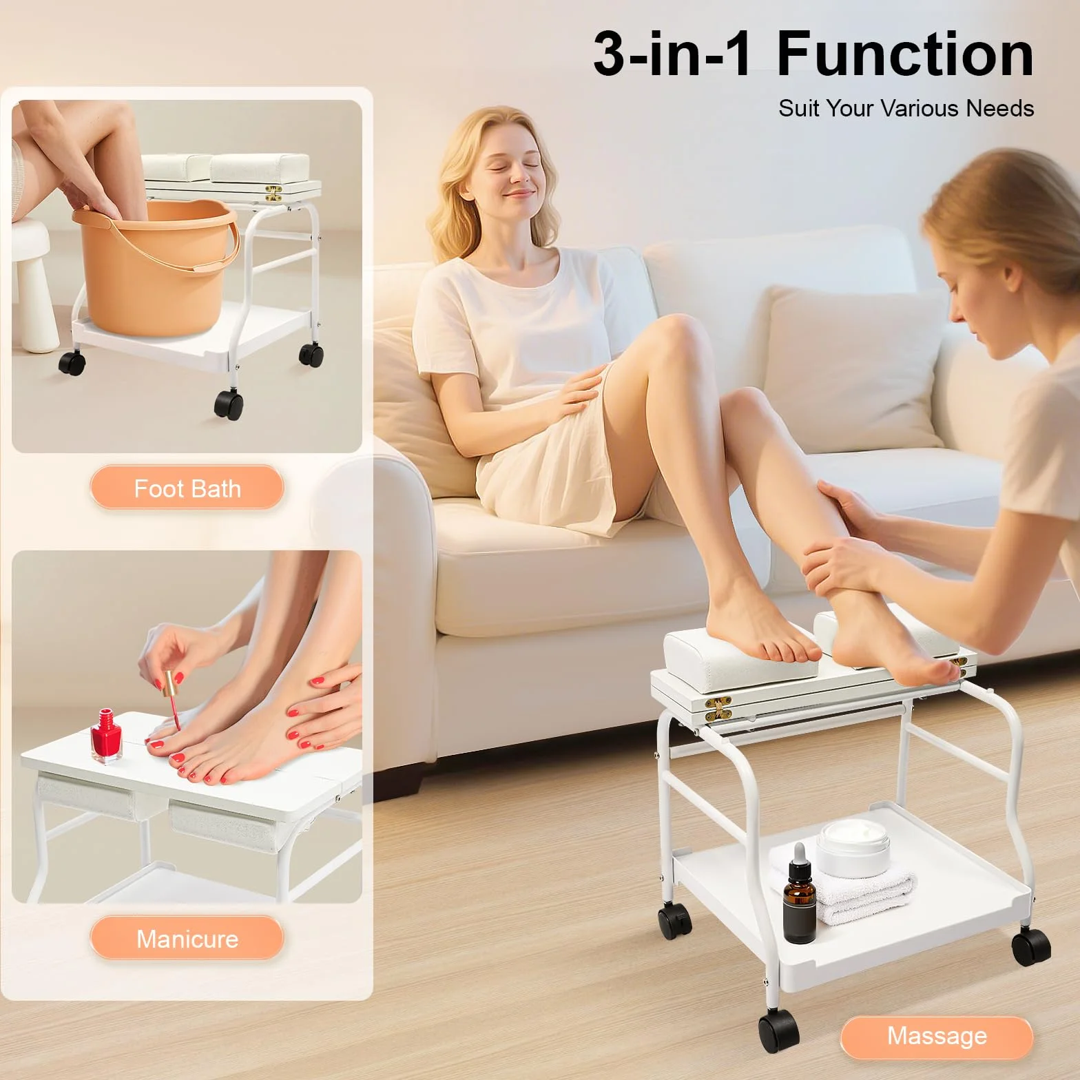 Pediluvio Spa Trolley Portátil para Uñas y Pedicura Carrito Masaje Mesa Salón Blanco
