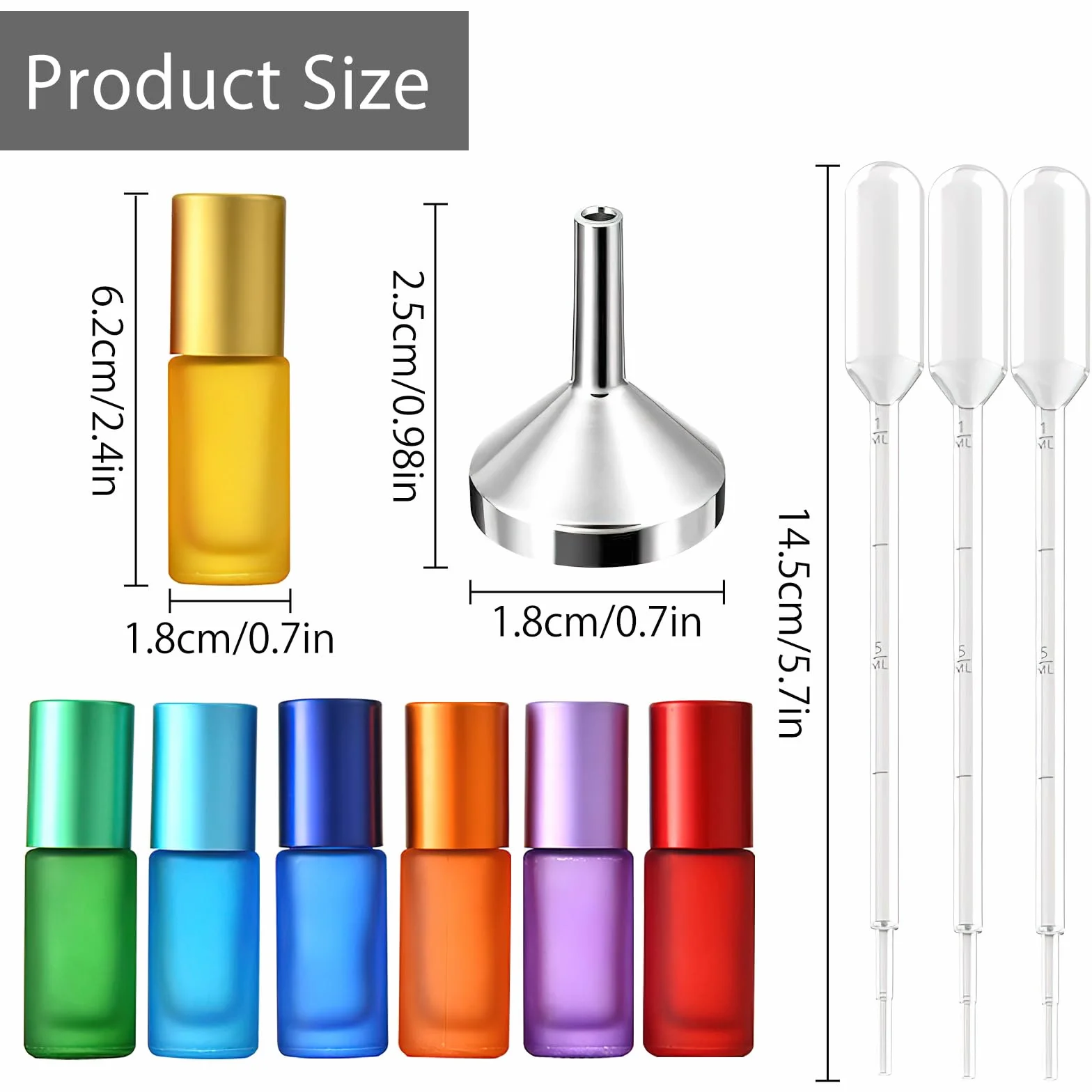 Botellas de cristal para aceite esencial 5 ml con rodillo de acero inoxidable, jeringas y embudo