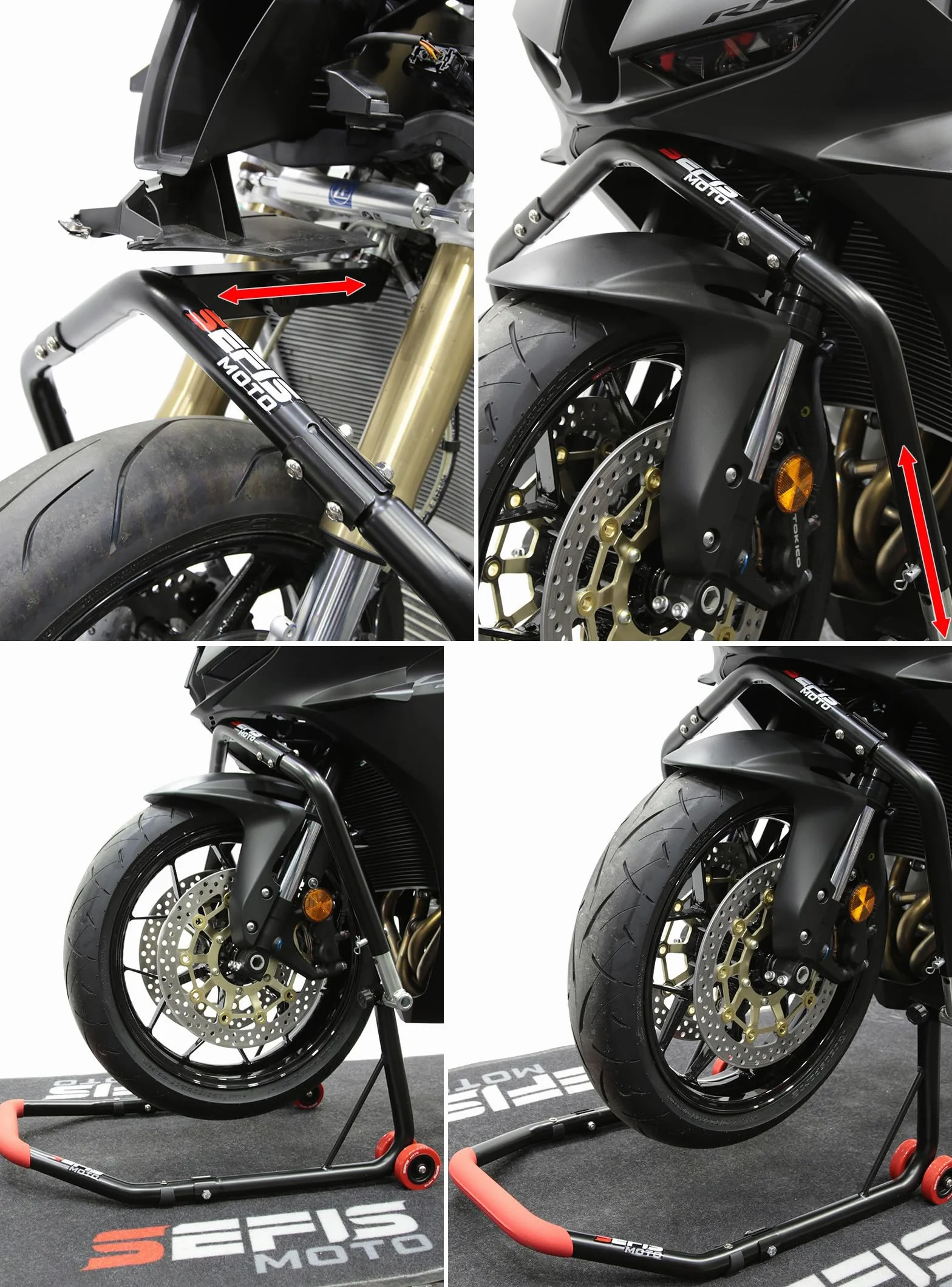 SEFIS D18 Set de caballetes para motocicleta, caballete de rueda delantera, elevador de rueda trasera, soporte de servicio frontal y trasero, caballete de montaje trasero para motocicleta, set de