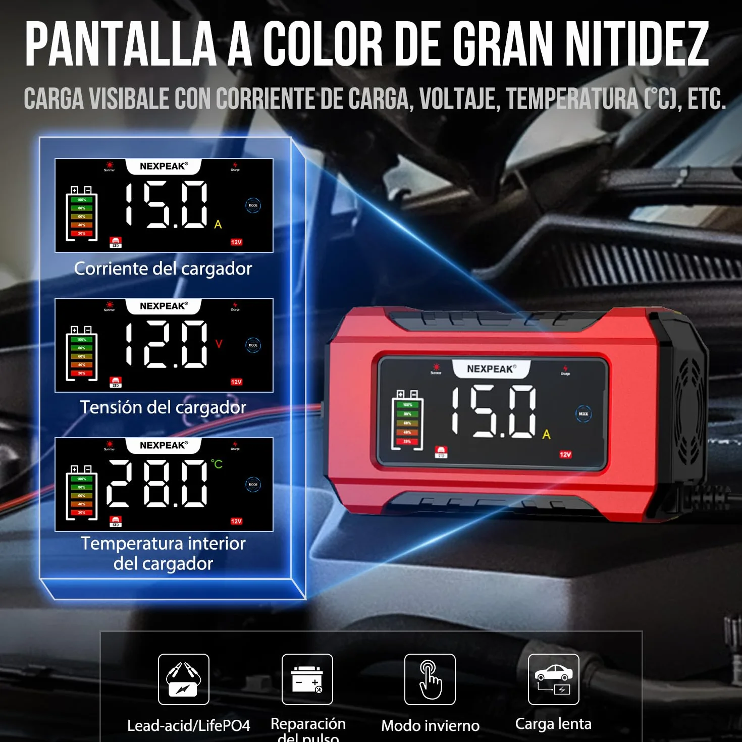 NEXPEAK NC215 Cargador de Batería 15A para Coche, 12V 24V LiFePO4 Portátil 9-Etapas Inteligente - Camión, Moto, Cortacésped, Barco, Marina
